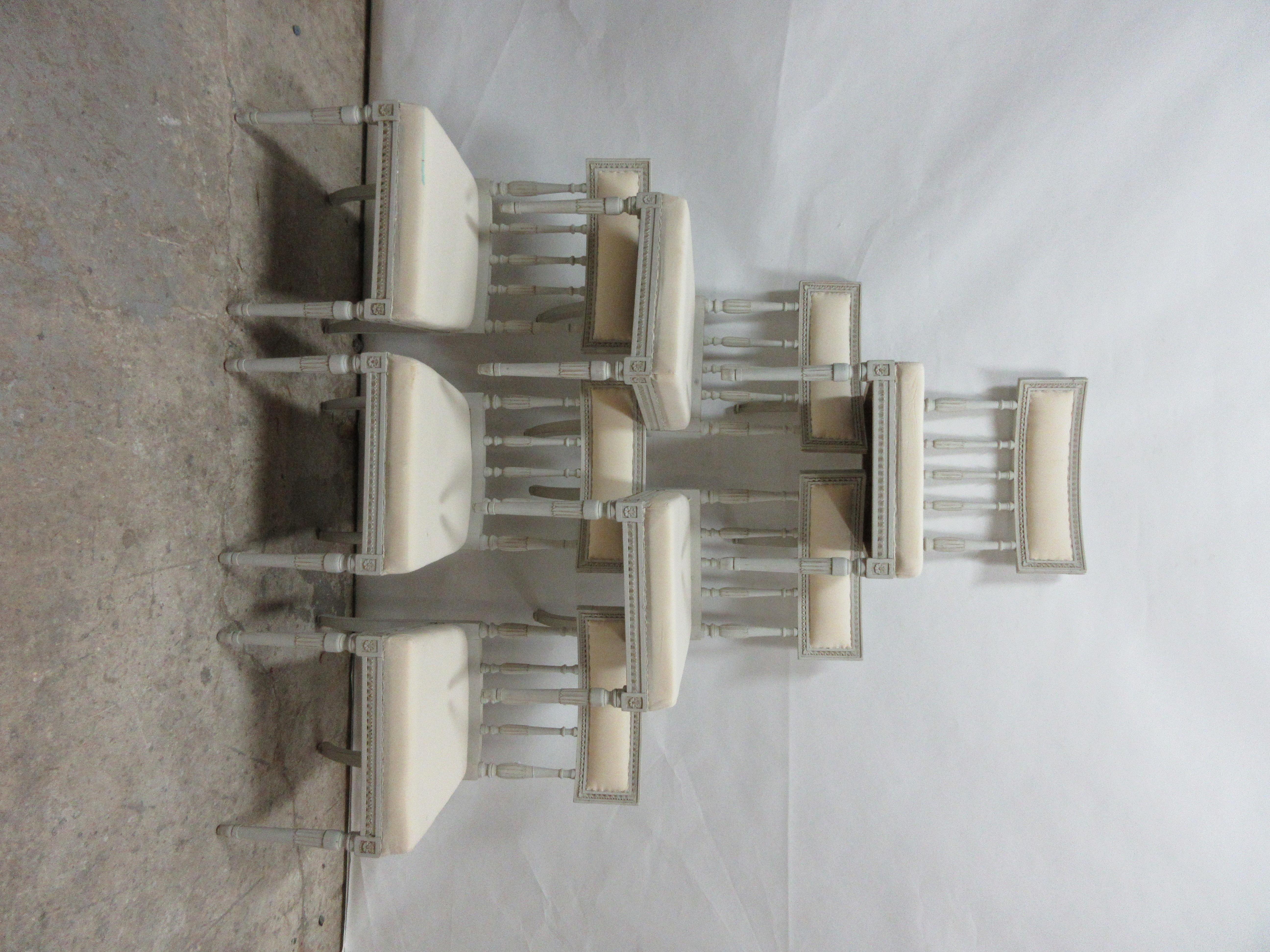 This is a set of 6 Swedish Gustavian dining chairs, they have been restored and repainted with milk paints 