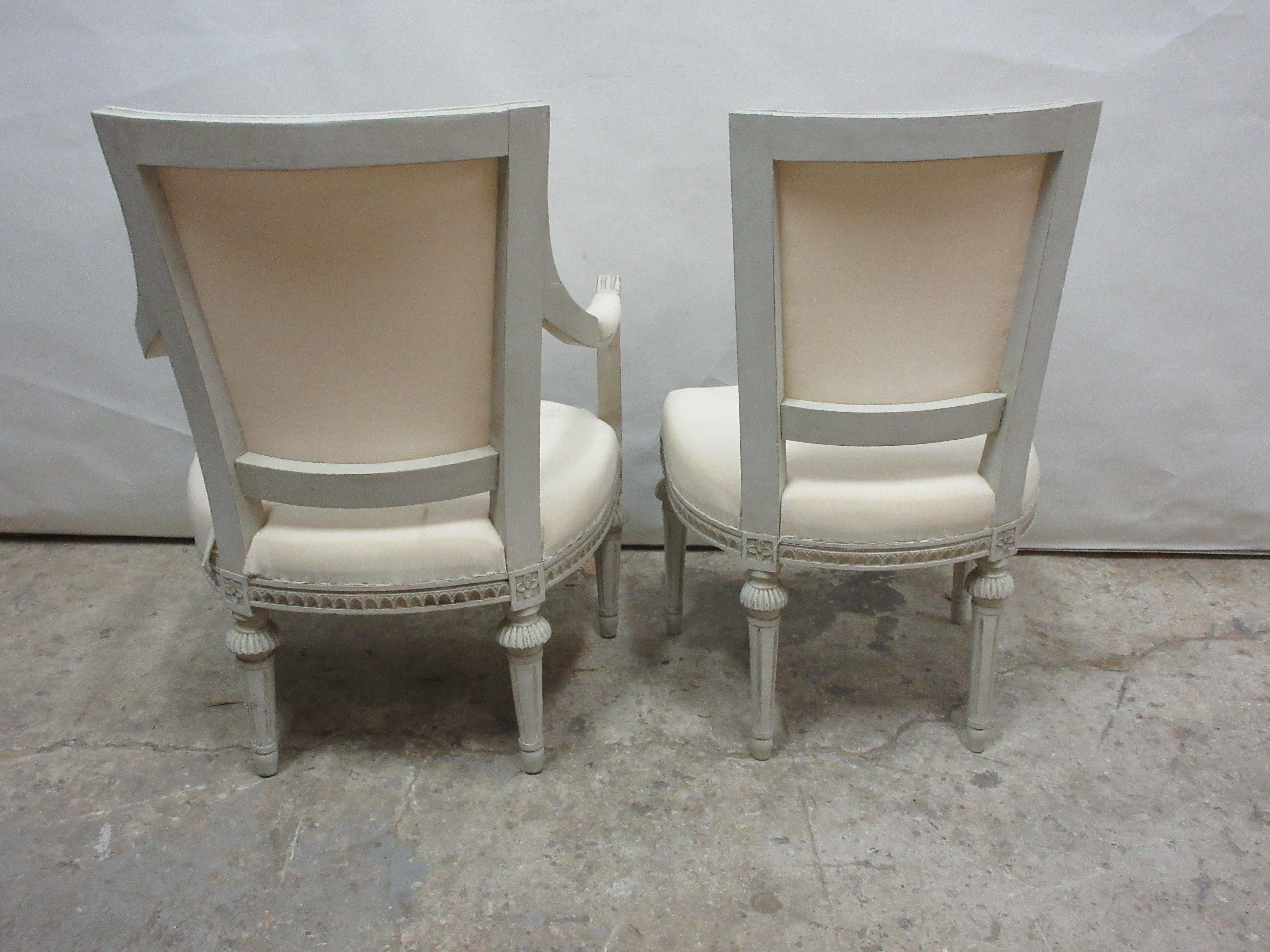 This is a set of 6 Swedish Gustavian dining room chairs. They have been restored and repainted with milk paints 