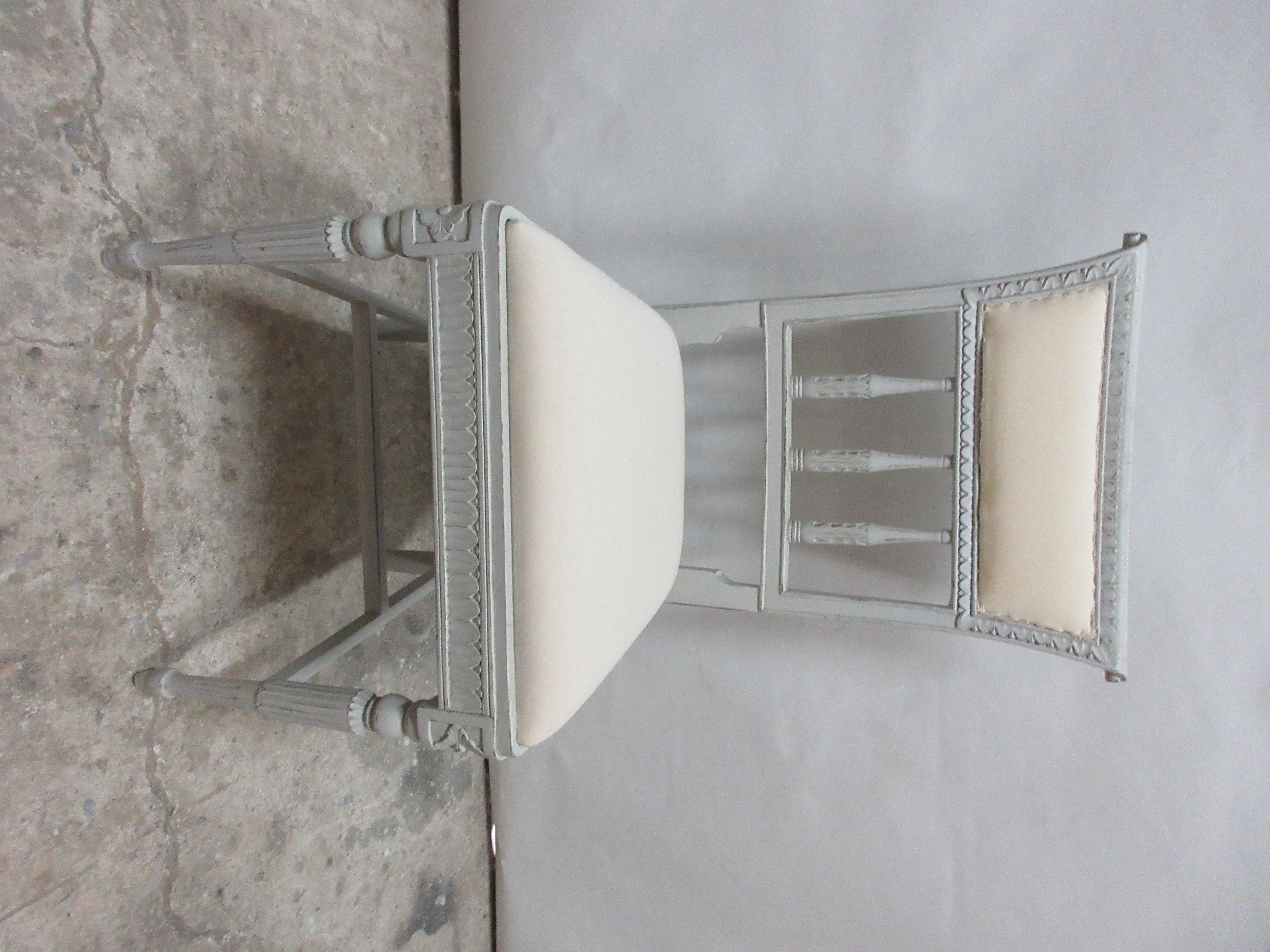 This is a set of 6 Swedish Gustavian side chairs. They have been restored and repainted with milk paints 