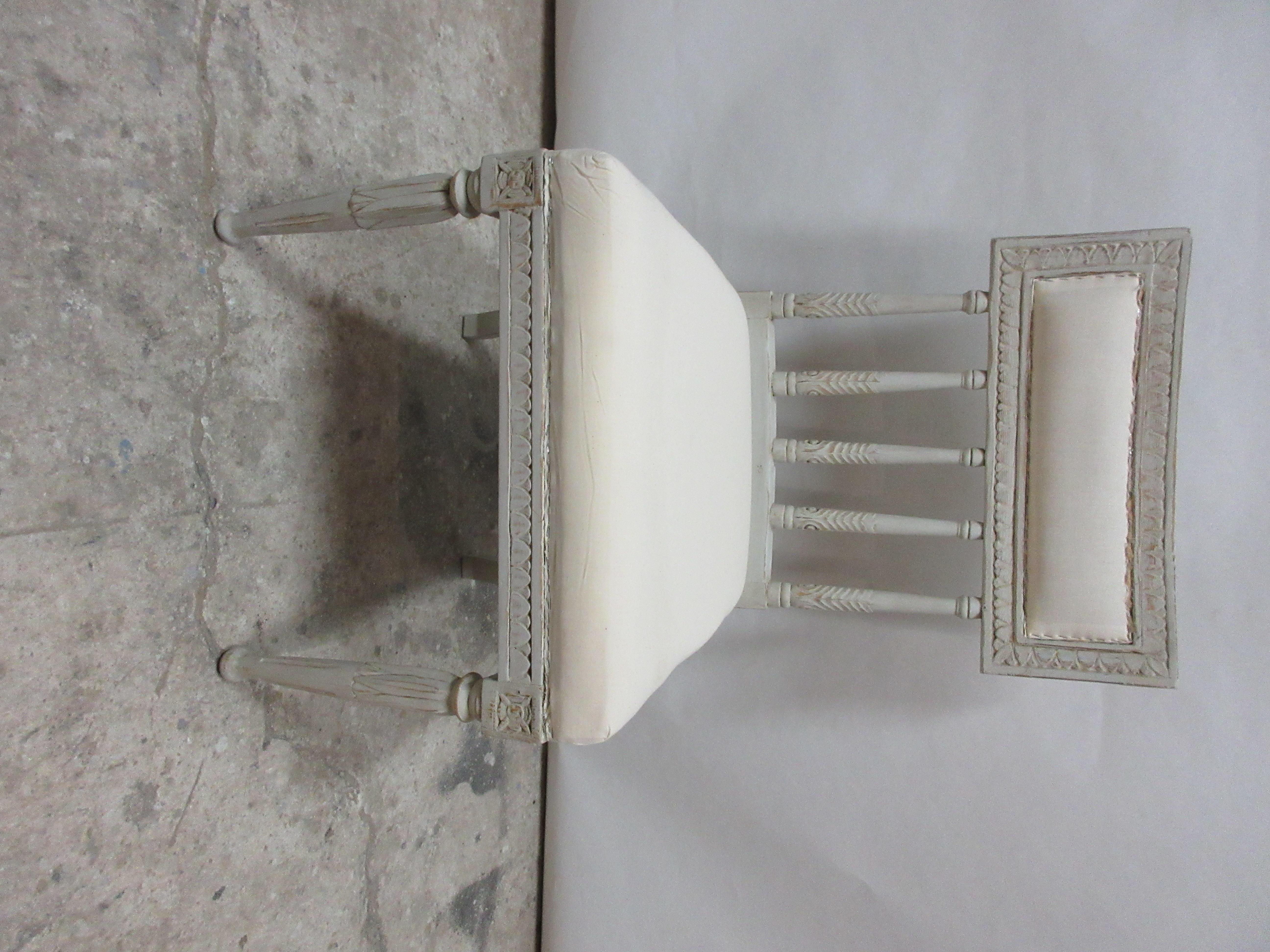 This is a set of 6 Swedish Gustavian side chairs. They have been restored and repainted with milk paints 