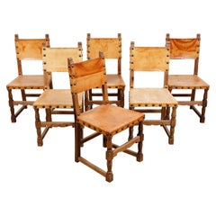6 Swedish Solid Pine 1970s Dining Chairs with Original Leather Backs and Seats