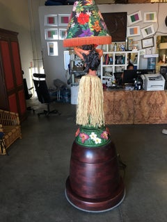 Tall Hand Painted Dancing Hula Girl Lamp on Teak Base