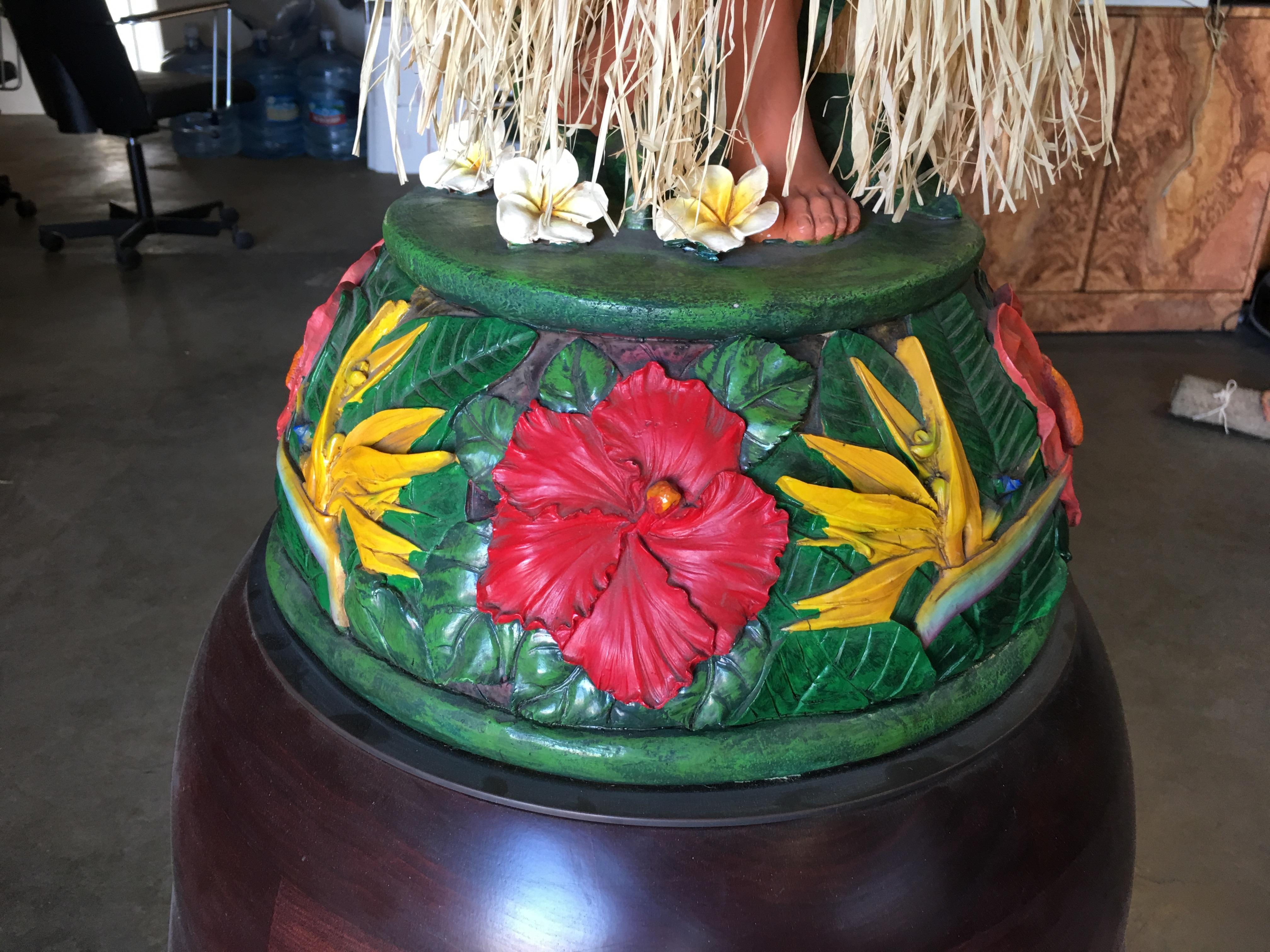 Tall Hand Painted Dancing Hula Girl Lamp on Teak Base In Excellent Condition In Van Nuys, CA