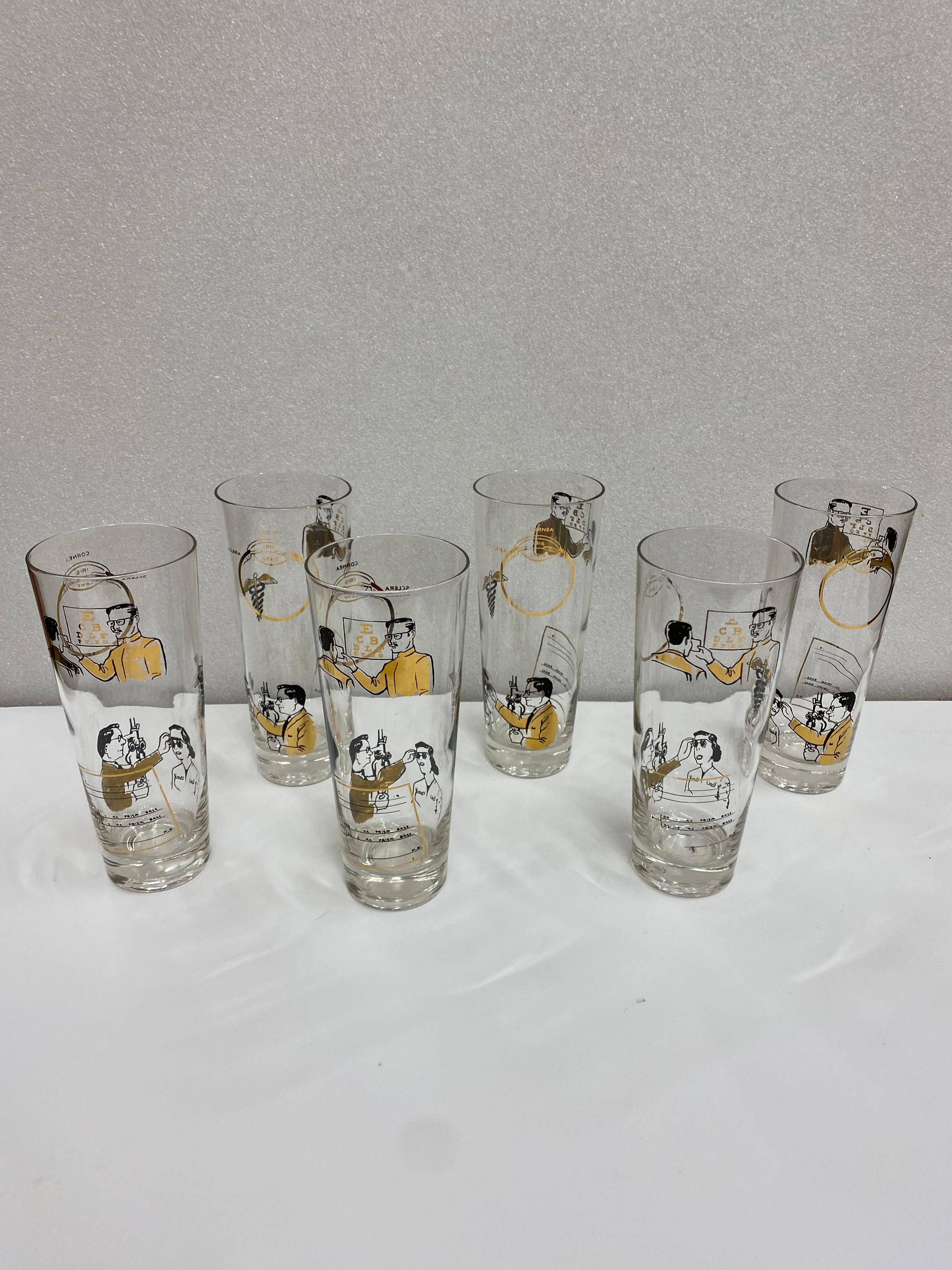 Gilt 6 Tall Mid-Century Modern Highball Optometrist Glasses