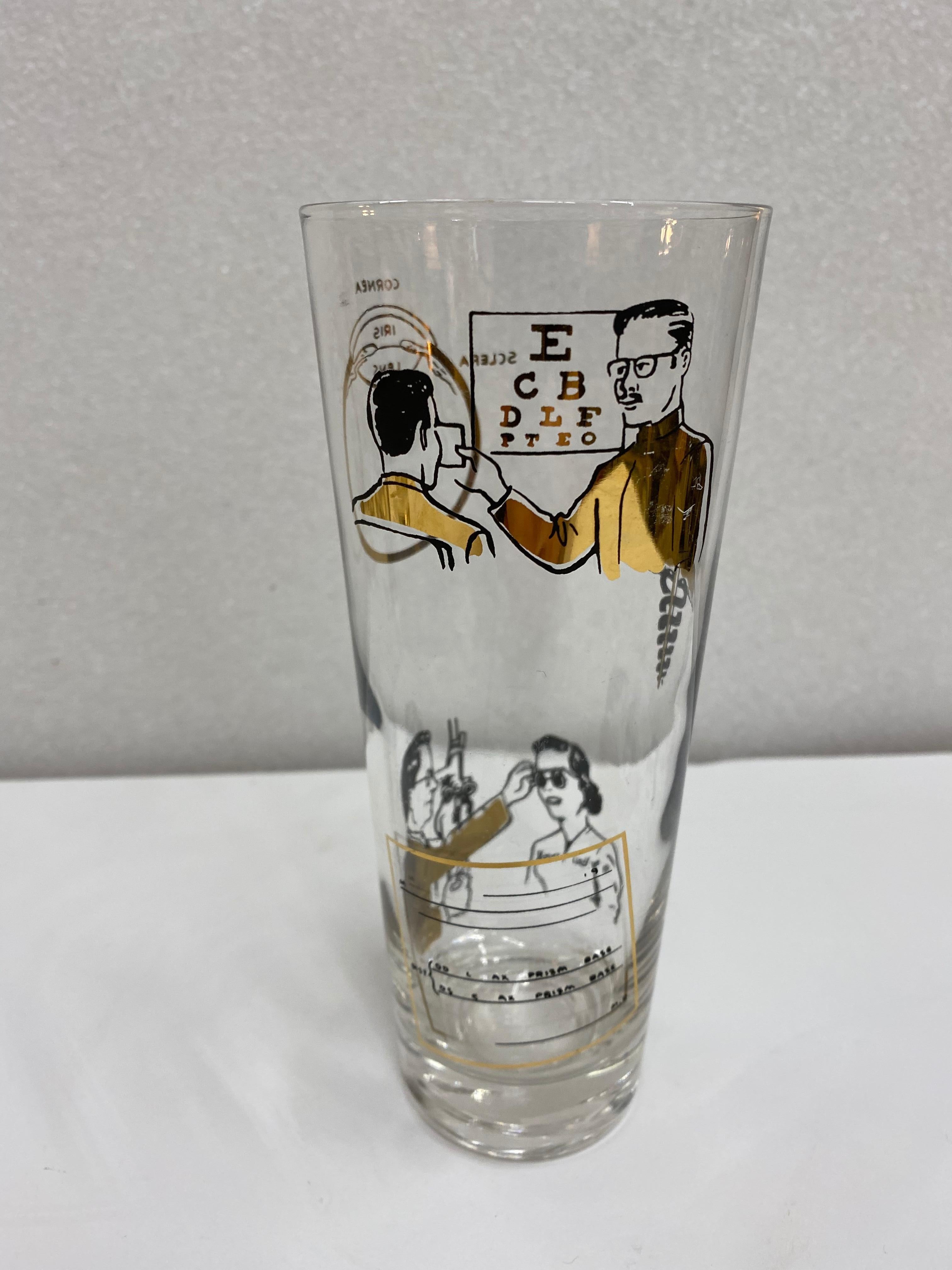 This set of 6 Mid-Century Modern highball glasses with gold and black overlay of optometrist images is hard to find and so fun. For the eye doctor in your life, you are drinking in style. In very good condition, rare find, these glasses are extra