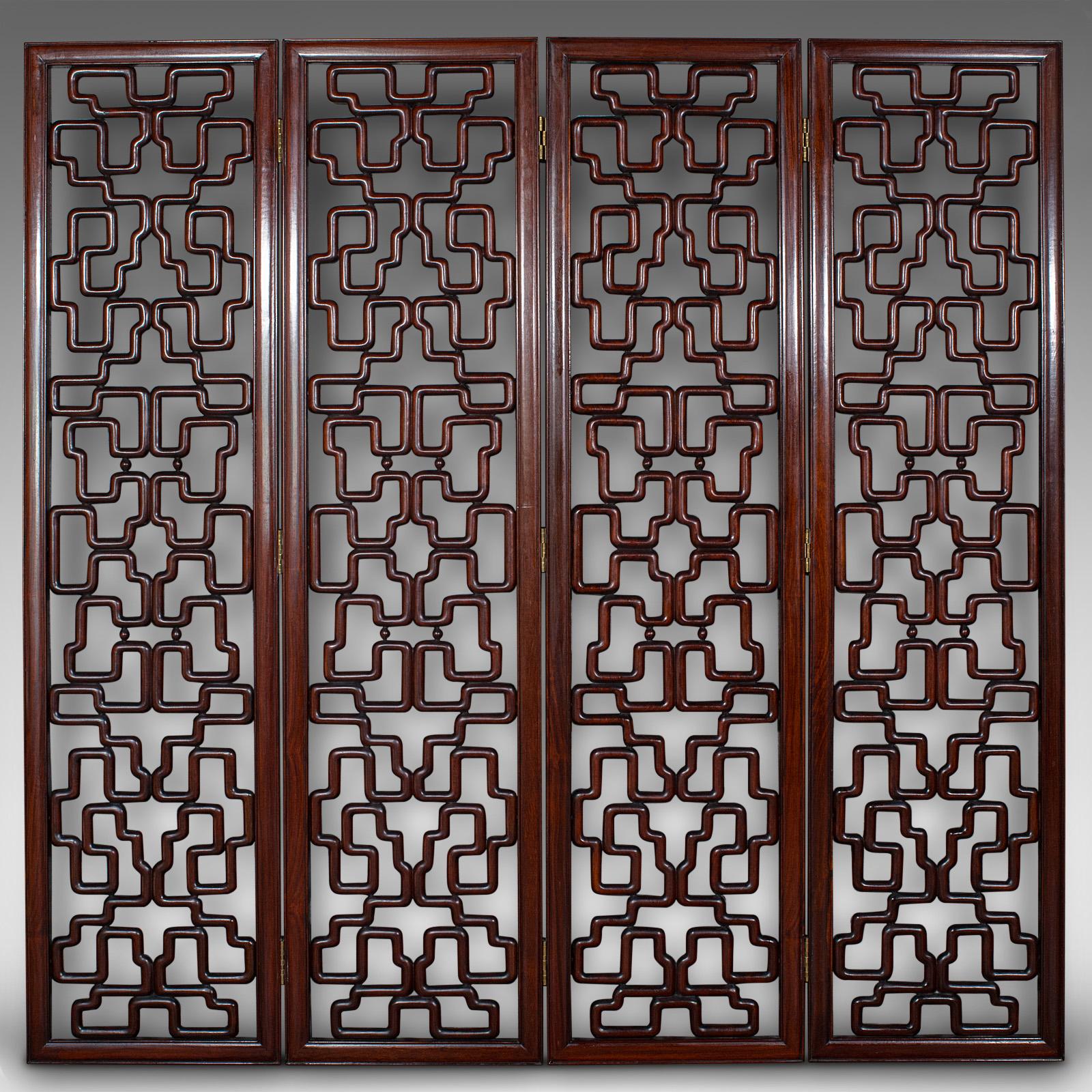 Wood 6' Tall Vintage Room Divider, Japanese, 4 Fold Screen, Mid Century, Circa 1950 For Sale