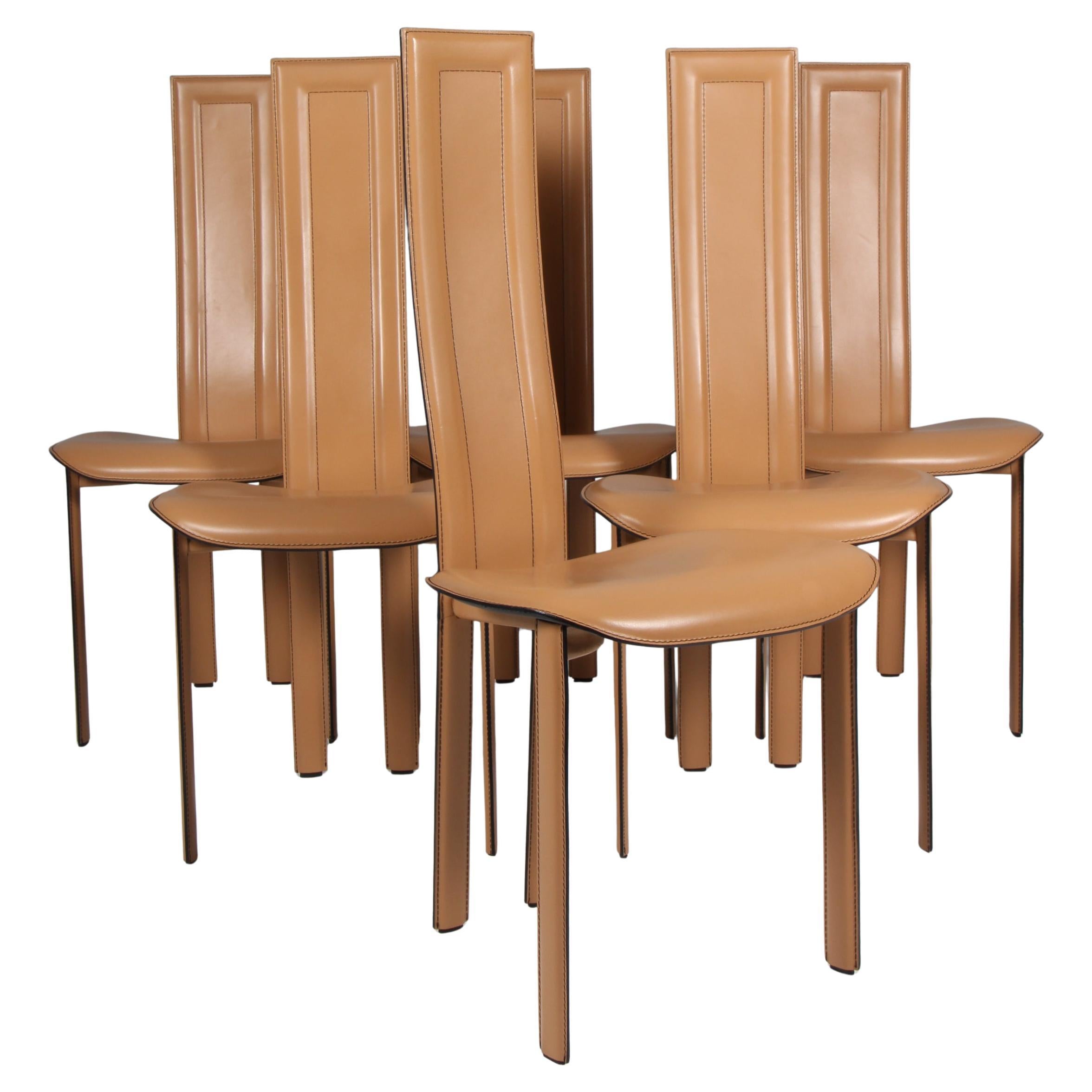 6 Tan leather dining chairs "Alice" design by Giorgio Cattelan, Italy