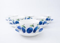 6 Tea Cups, Stig Lindberg, Gustavsberg, Sweden, Prunus - Blue Plums - 1950s