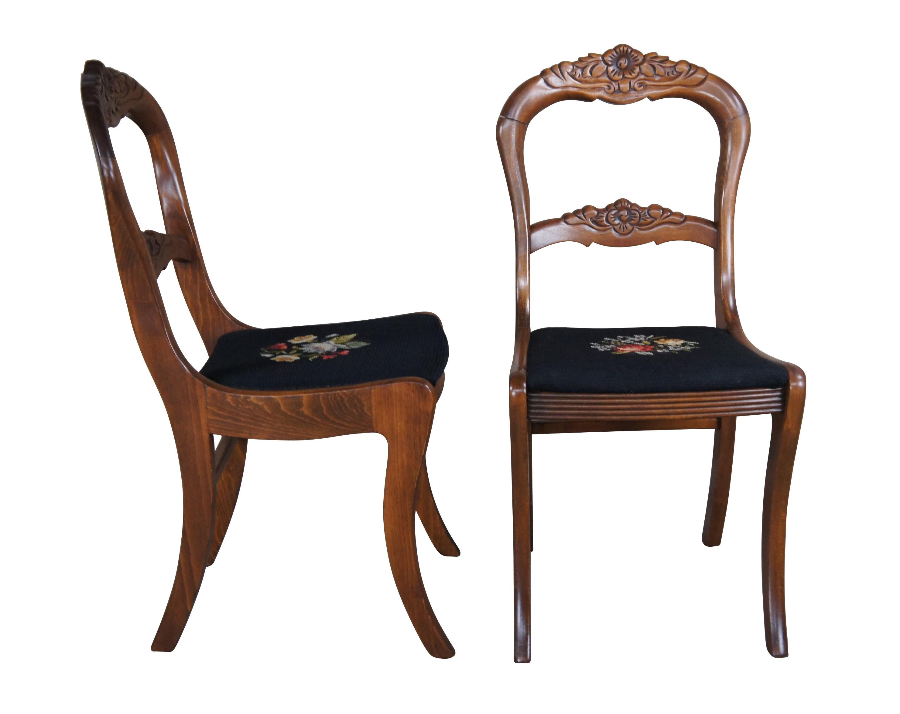 Six 1940s Tell City Duncan Phyfe / Balloon back style dining chairs.  Made of mahogany featuring carved floral design with black needlepoint seats.  Pattern 4563.

The Tell City Furniture Company, also known as the Tell City Chair company of
