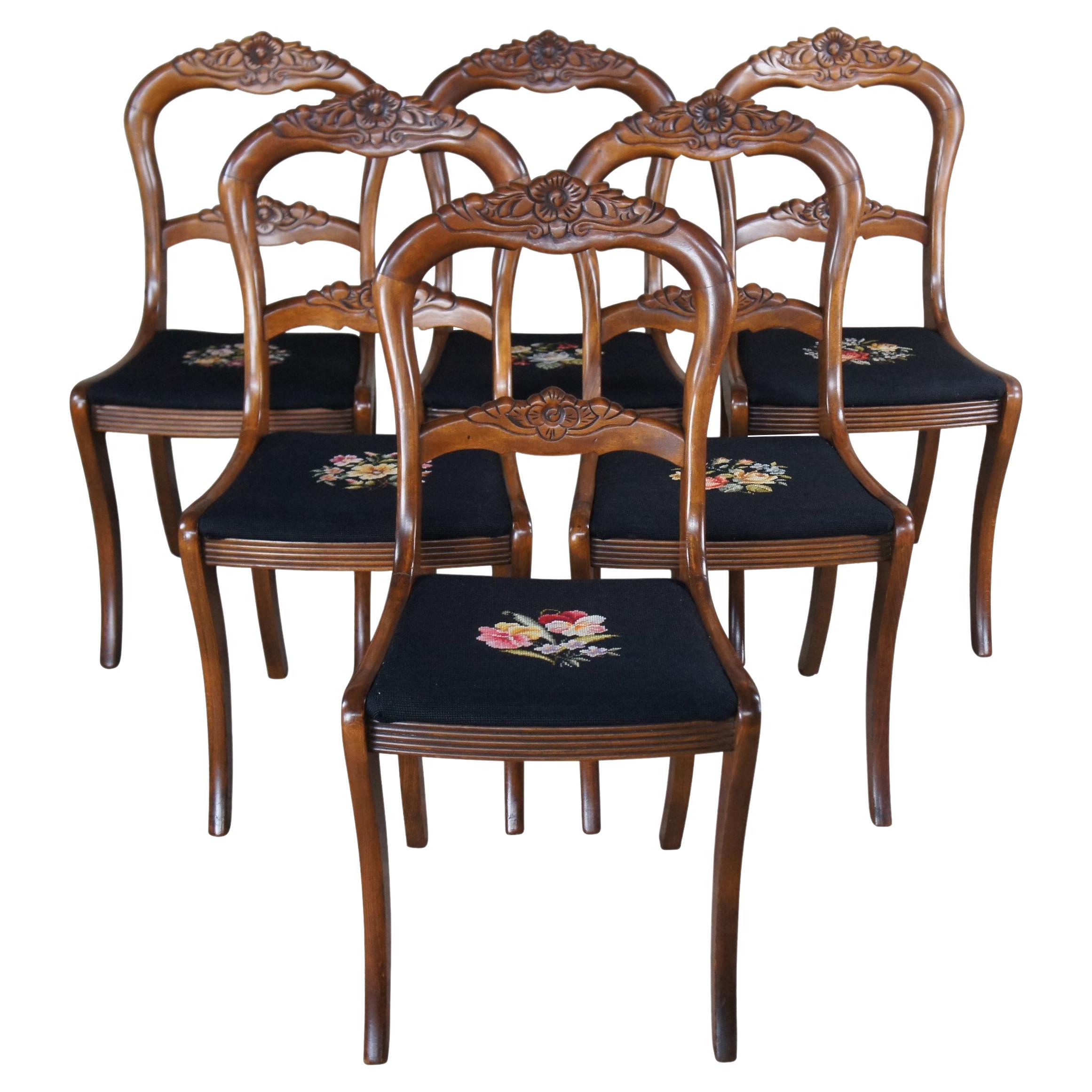 6 Tell City Balloon Back Carved Mahogany Floral Needlepoint Dining Chairs
