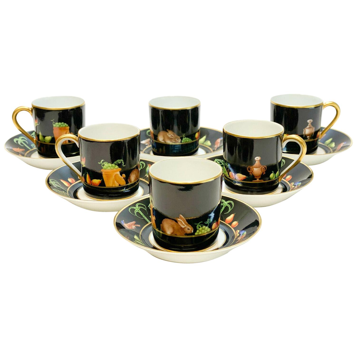 6 Tiffany Private Stock Le Tallec Porcelain Cup and Saucers Black Shoulder For Sale