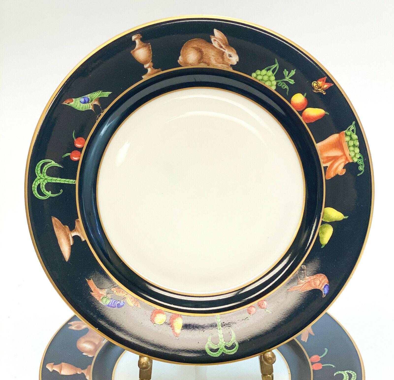 6 Tiffany Private Stock Le Tallec porcelain decorative saucers in Black Shoulder . Beautiful hand painted tropical birds, trees, fruits, and rabbits to a black and gilt ground. Tiffany Private Stock mark with the Le Tallec mark and artist initials