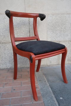 6 Tiled Red with Rams Carved Wood Neoclassical English Chairs, 19th Century
