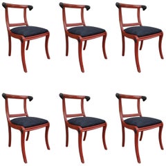 6 Tiled Red with Rams Carved Wood Neoclassical English Chairs, 19th Century