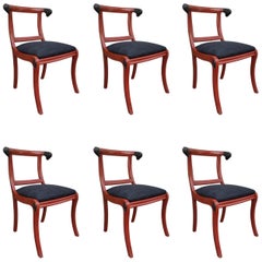 Antique 6 Tiled Red with Rams Carved Wood Neoclassical English Chairs, 19th Century