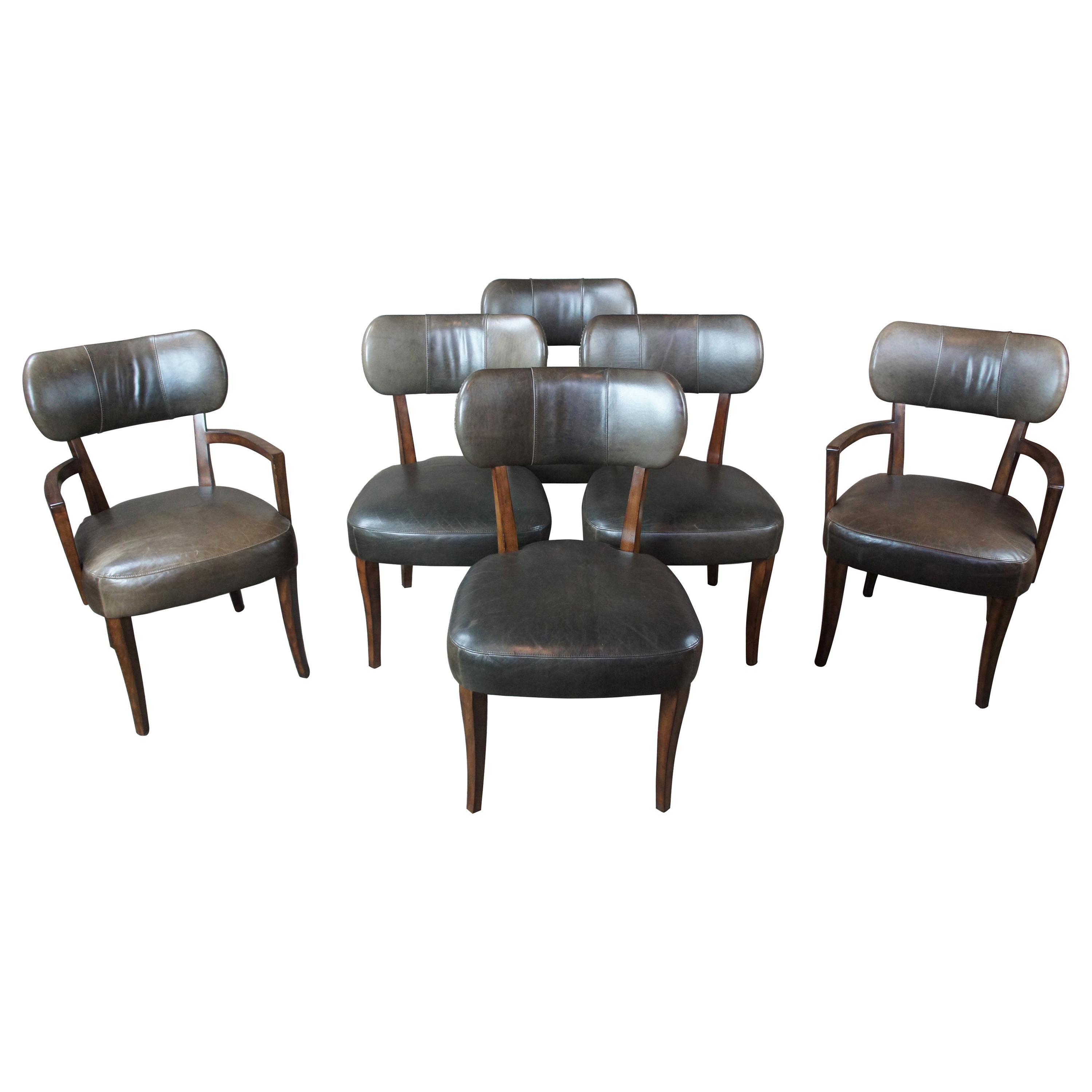 6 Traditional Henredon Acquisitions Green Leather and Mahogany Nailhead Chairs