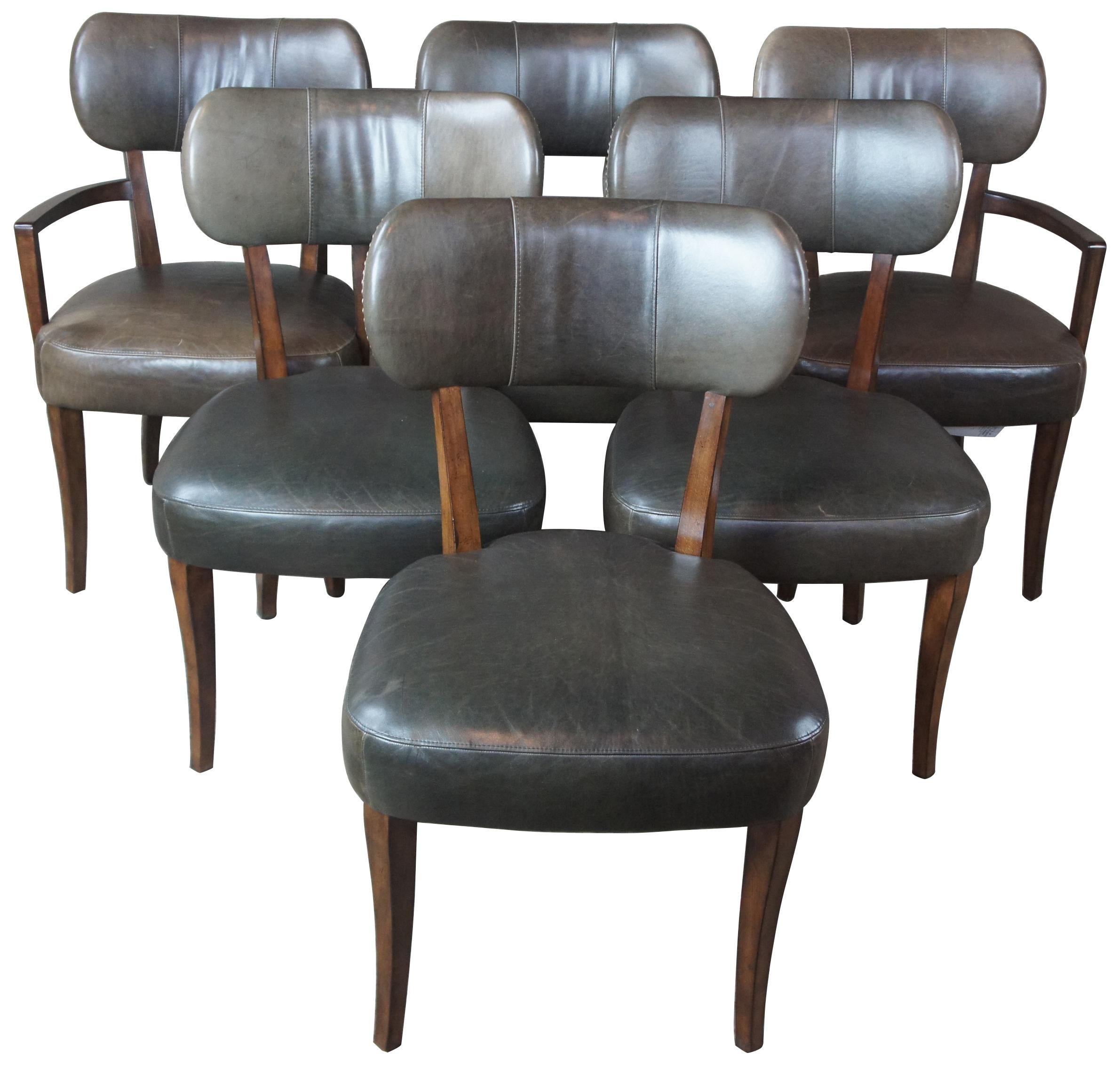 6 Traditional Henredon Acquisitions green leather and mahogany nailhead chairs

Henredon
Dining Chairs
Item#3400-27
3400-28

Henredon Acquisitions traditional leather dining chairs. Made from mahogany with clean lines, green leather cushions