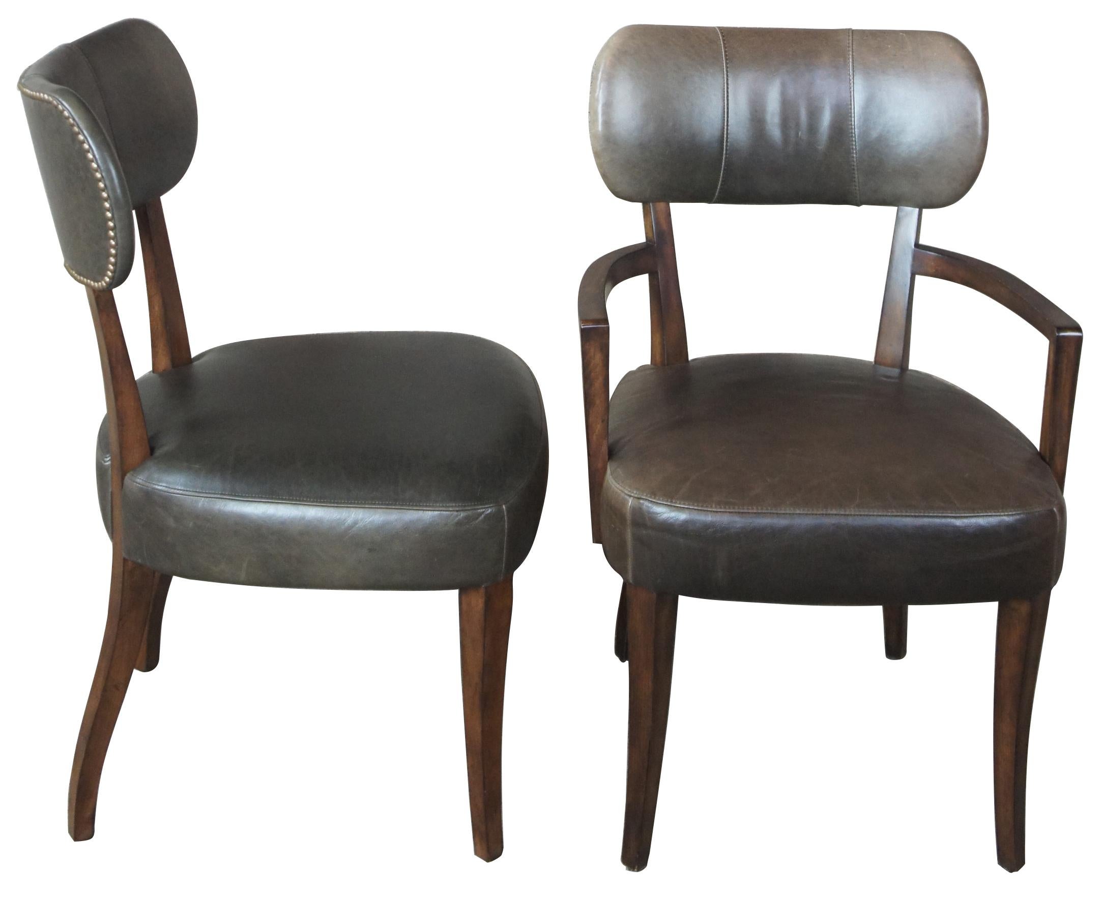 6 Traditional Henredon Acquisitions Green Leather and Mahogany Nailhead Chairs In Good Condition In Dayton, OH