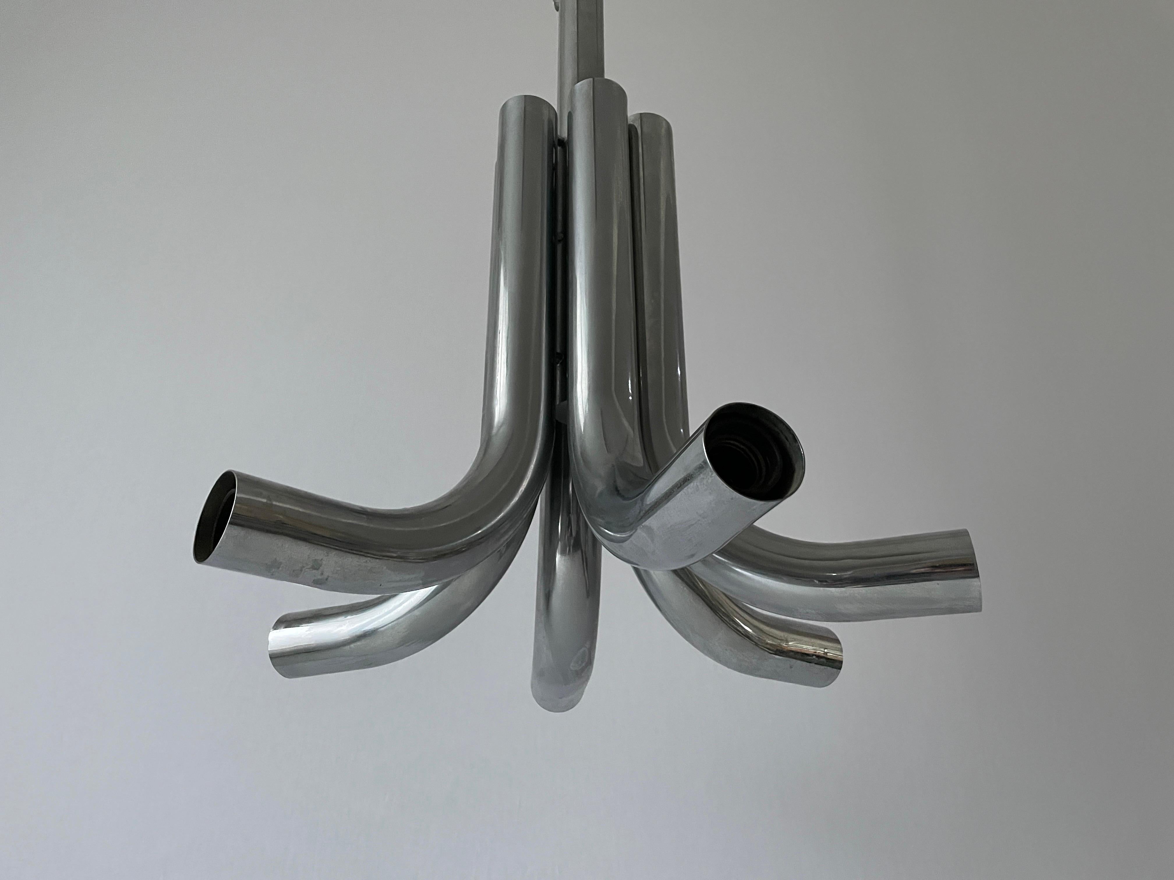 6-Tubular Design Chrome Chandelier by Stilux Milano, 1960s, Italy

This lamp works with 12x E27 light bulb.
Wired and suitable to use 110-220V in all countries.
Please do not hesitate to ask us for any type of questions.

Measurements:
Height: 102