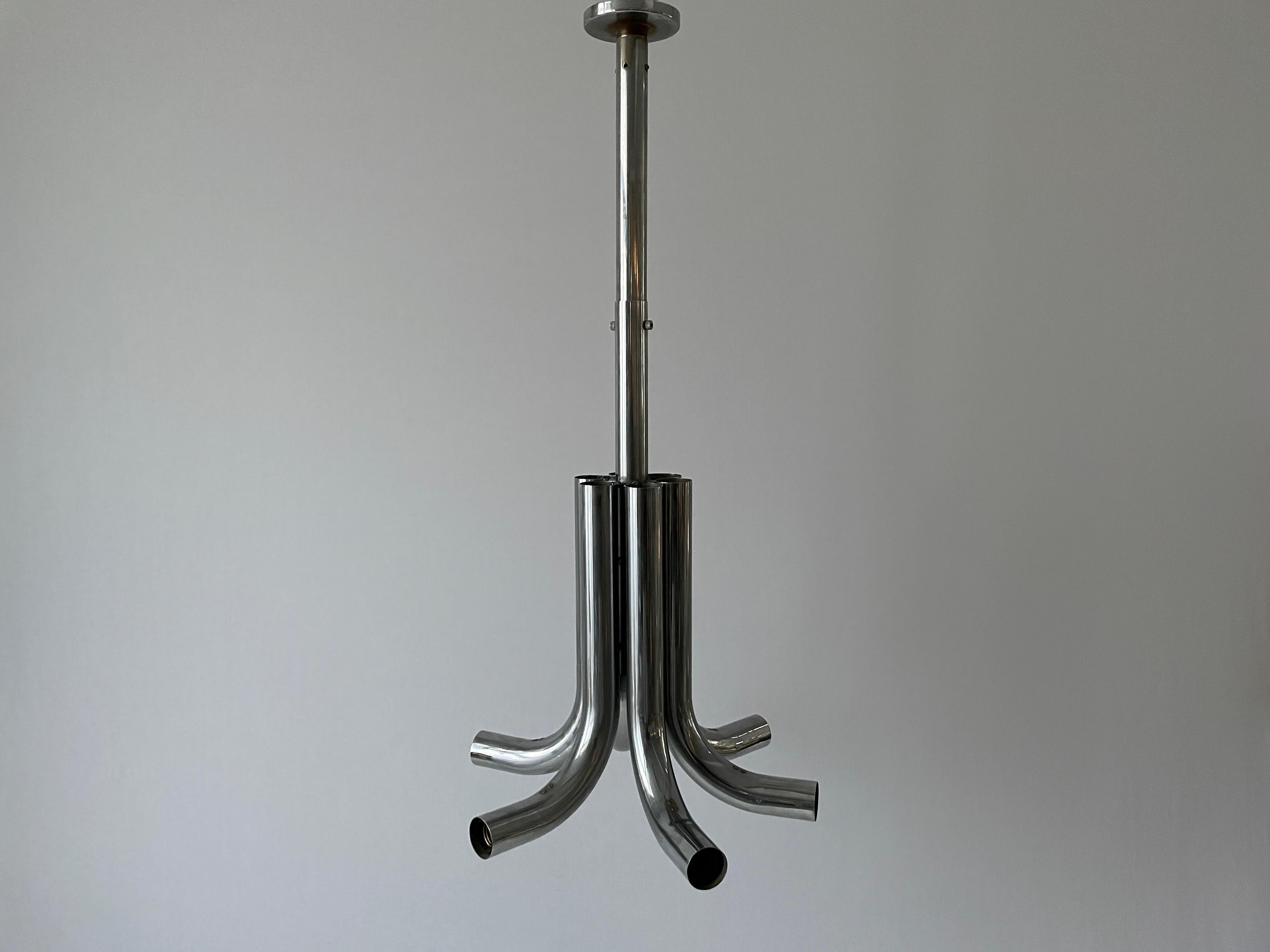 6-Tubular Design Chrome Chandelier by Stilux Milano, 1960s, Italy For Sale 1