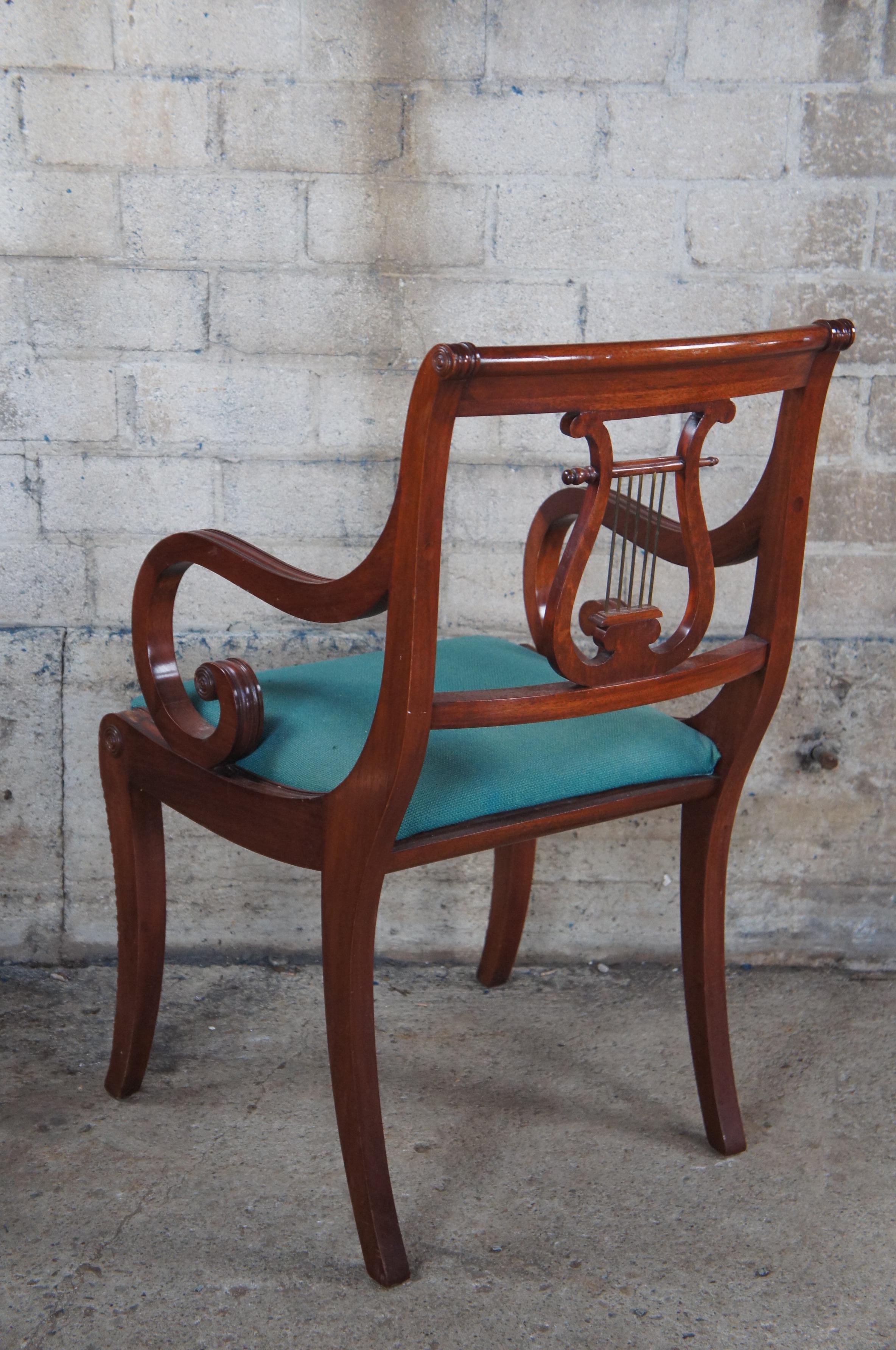 Fabric 6 Union National Vintage Regency Duncan Phyfe Harp Back Mahogany Dining Chairs For Sale