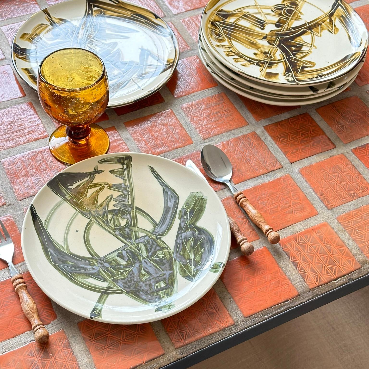 6 Unique Hand Painted Dinner Plates, Marc Piano, Vallauris c. 1990 For Sale 8