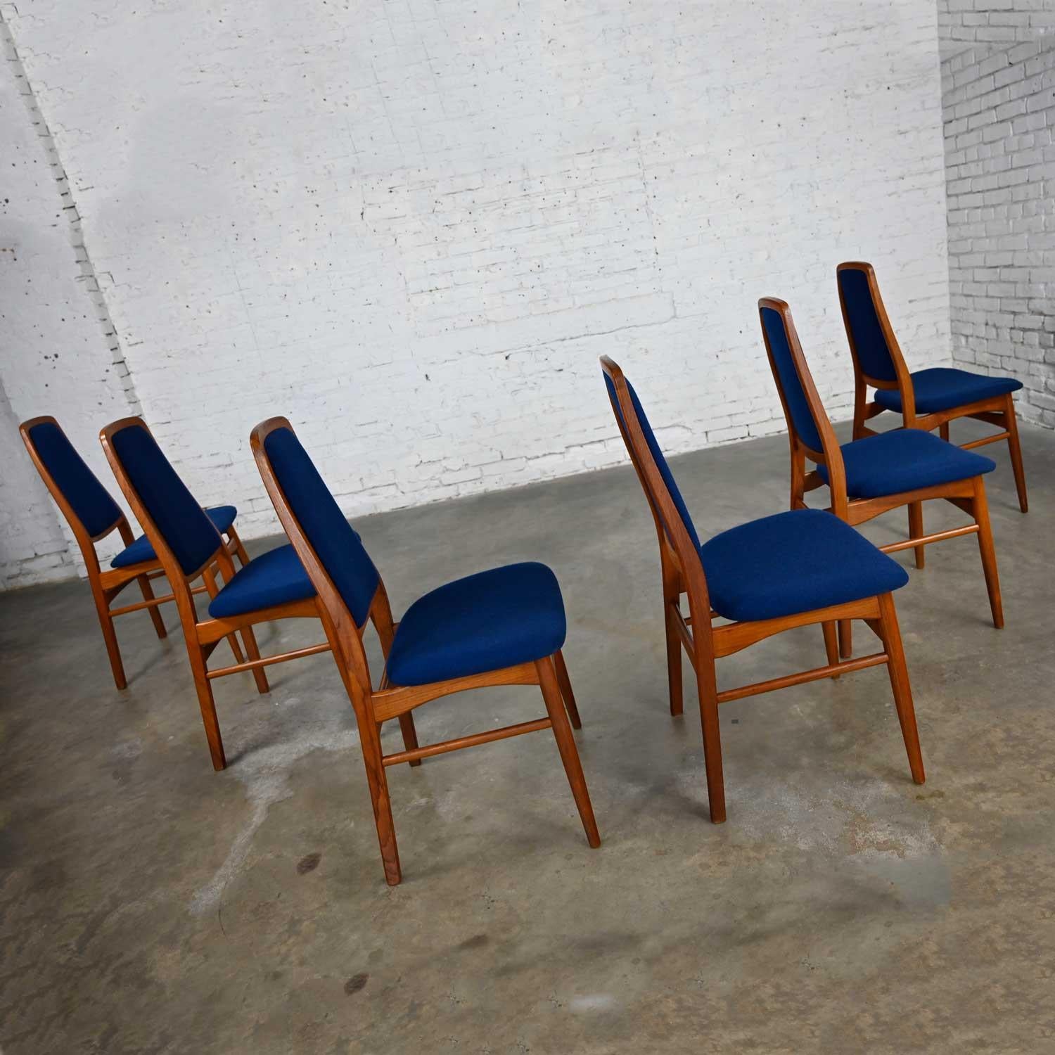 20th Century 6 Vamdrup Stolefabrik Scandinavian Modern Teak Blue Dining Chairs Style Eva Chai