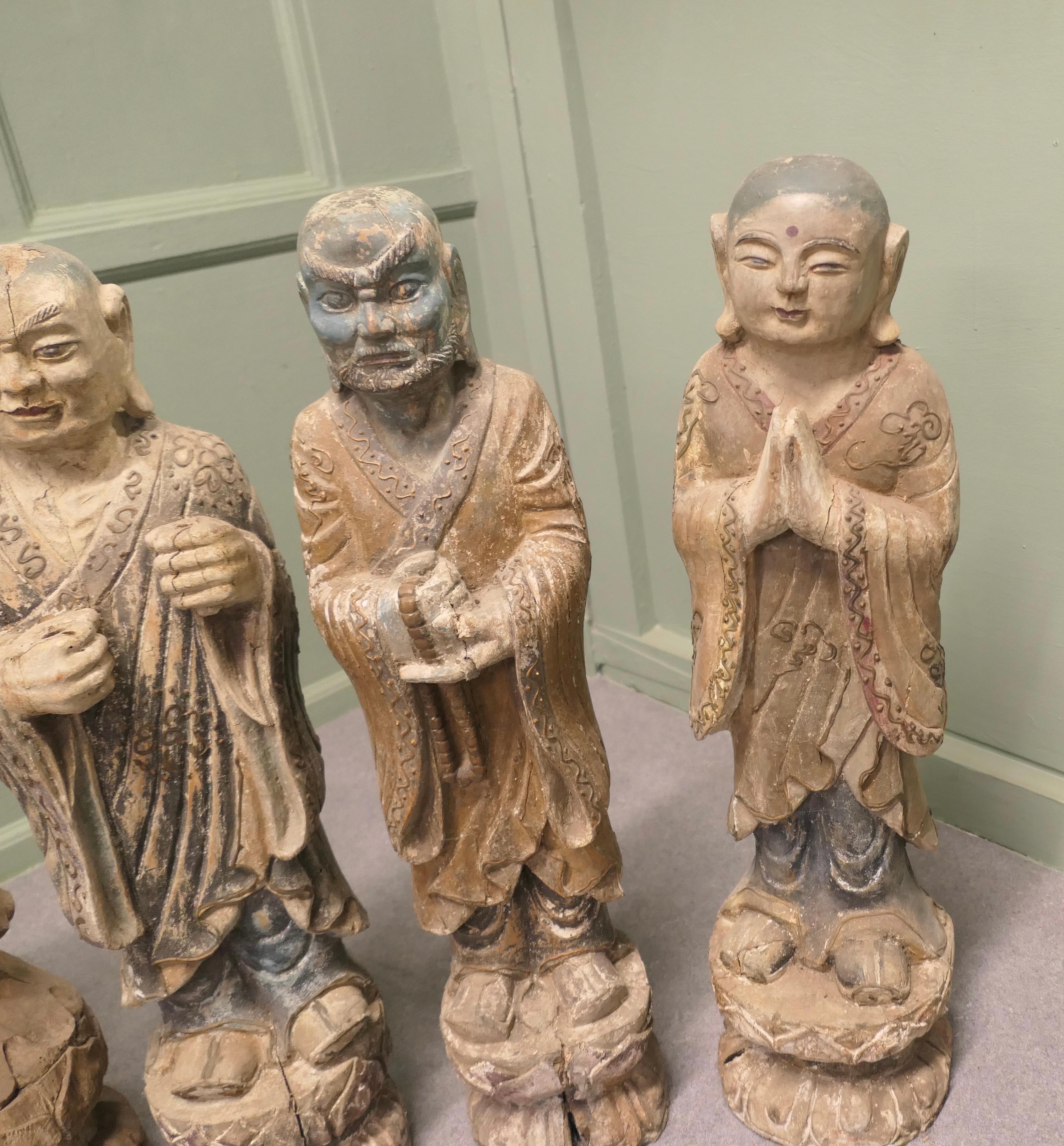 6 Very Old Carved Figures of Buddhist Immortals In Good Condition For Sale In Godshill, Isle of Wight