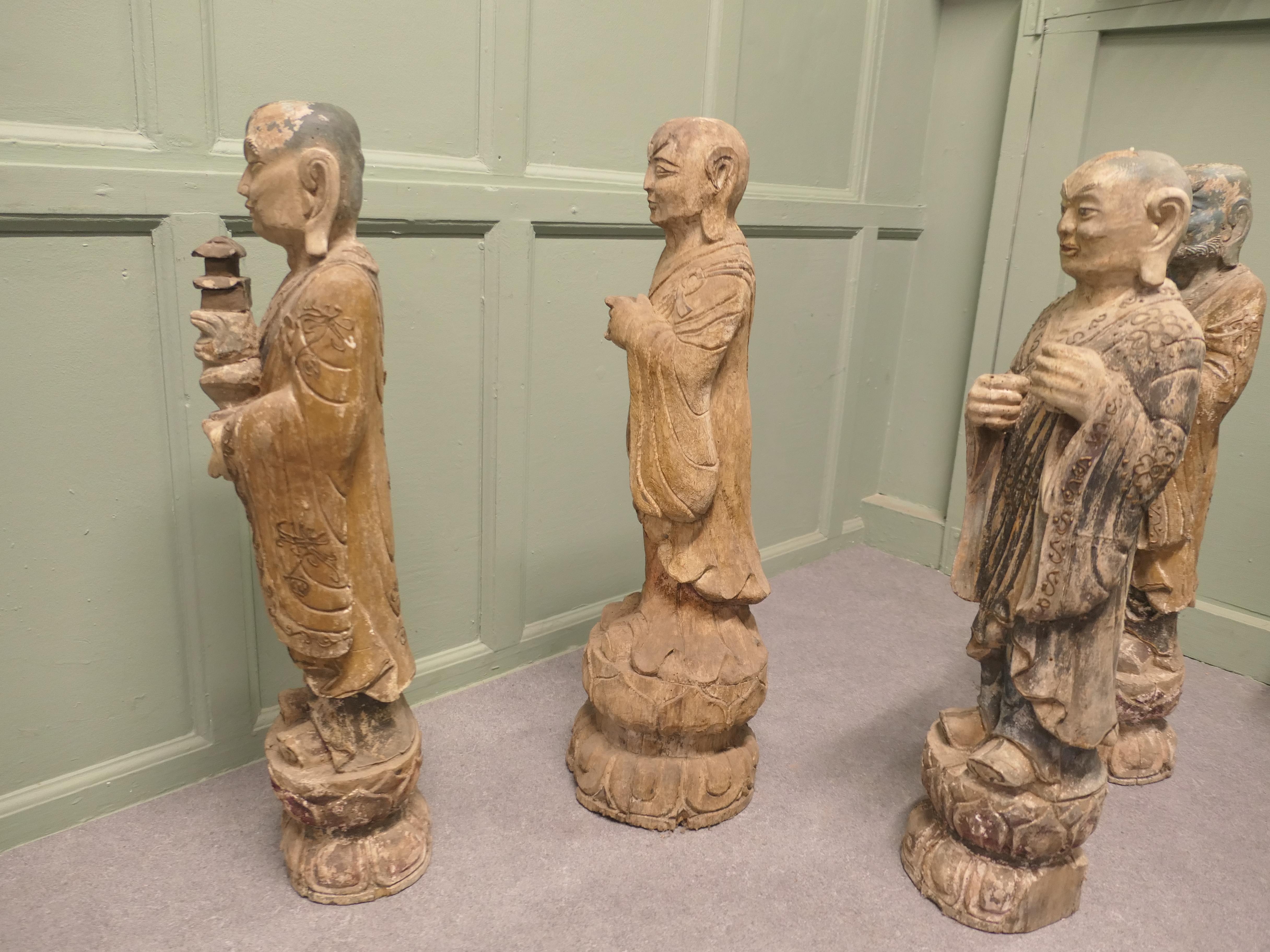 Early 19th Century 6 Very Old Carved Figures of Buddhist Immortals For Sale