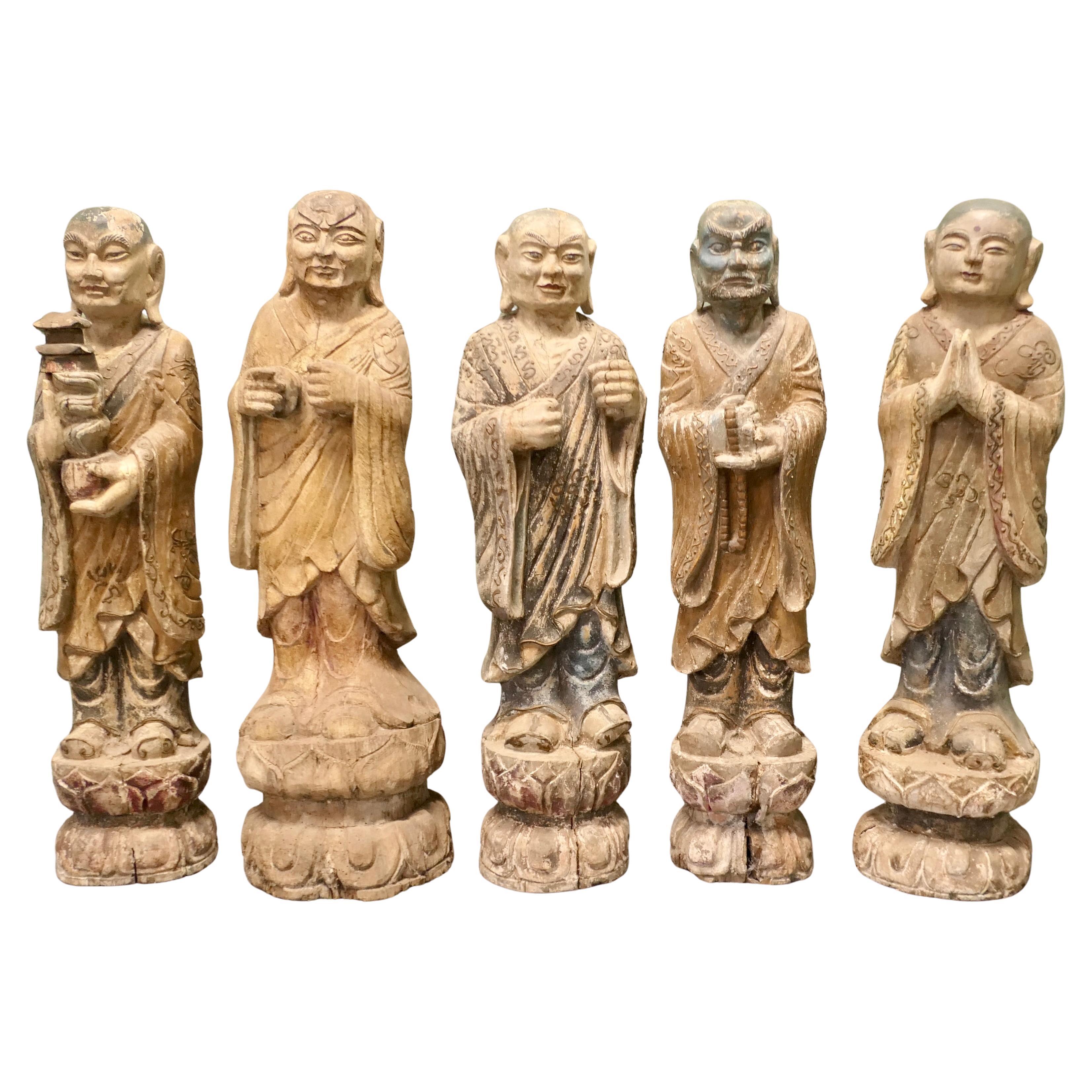 6 Very Old Carved Figures of Buddhist Immortals For Sale