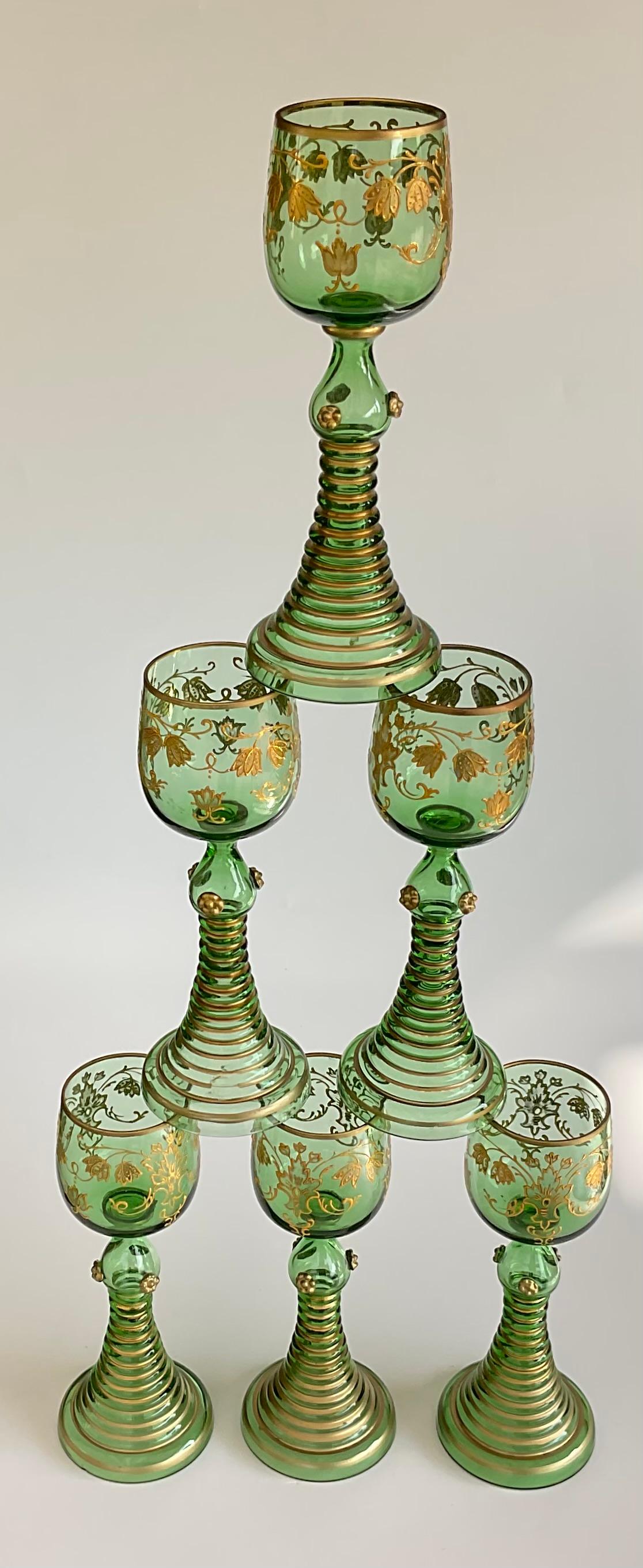 Art Nouveau 6 vibrant green with gold gilt decoration Moser glasses  For Sale