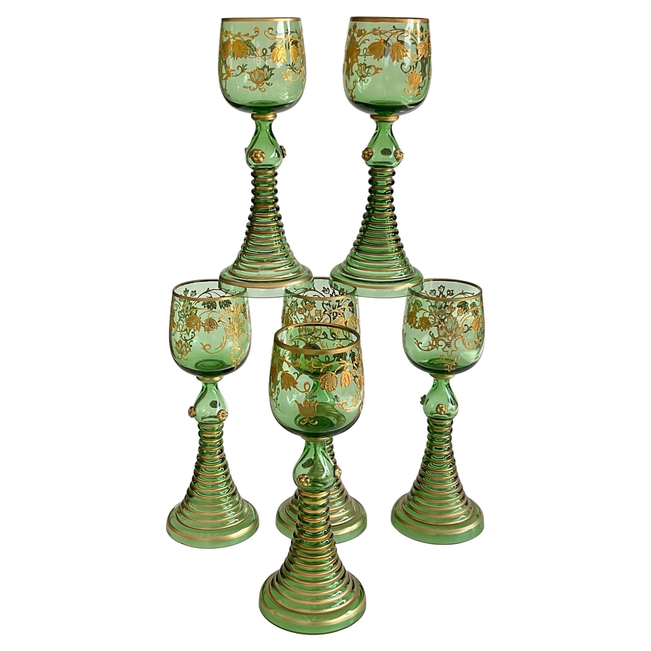 Early 20th Century 6 vibrant green with gold gilt decoration Moser glasses  For Sale