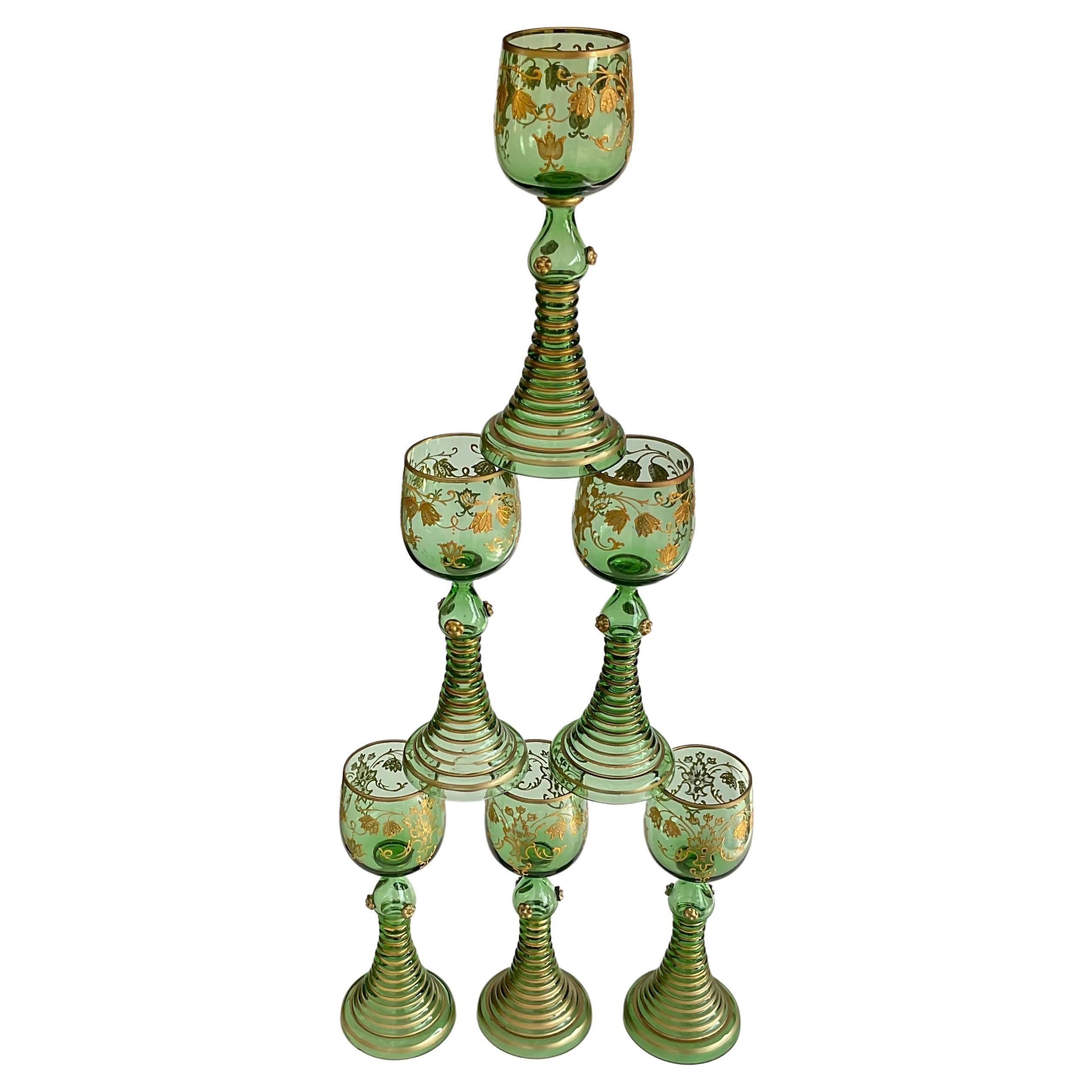 Art Glass 6 vibrant green with gold gilt decoration Moser glasses  For Sale