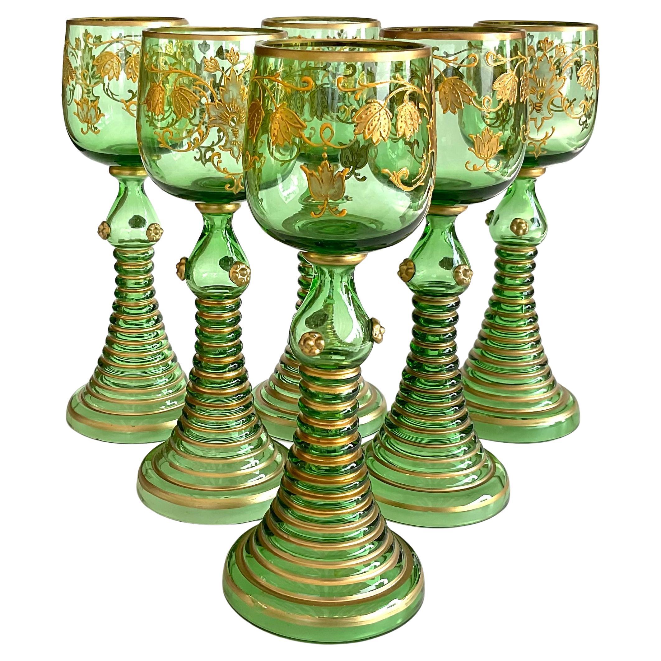 6 vibrant green with gold gilt decoration Moser glasses  For Sale