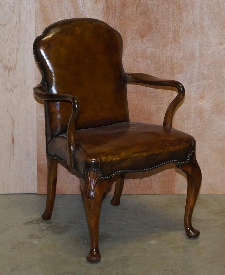 6 Victorian 1880 Walnut Shepherds Crook Hand Dyed Brown Leather Dining Chairs 3