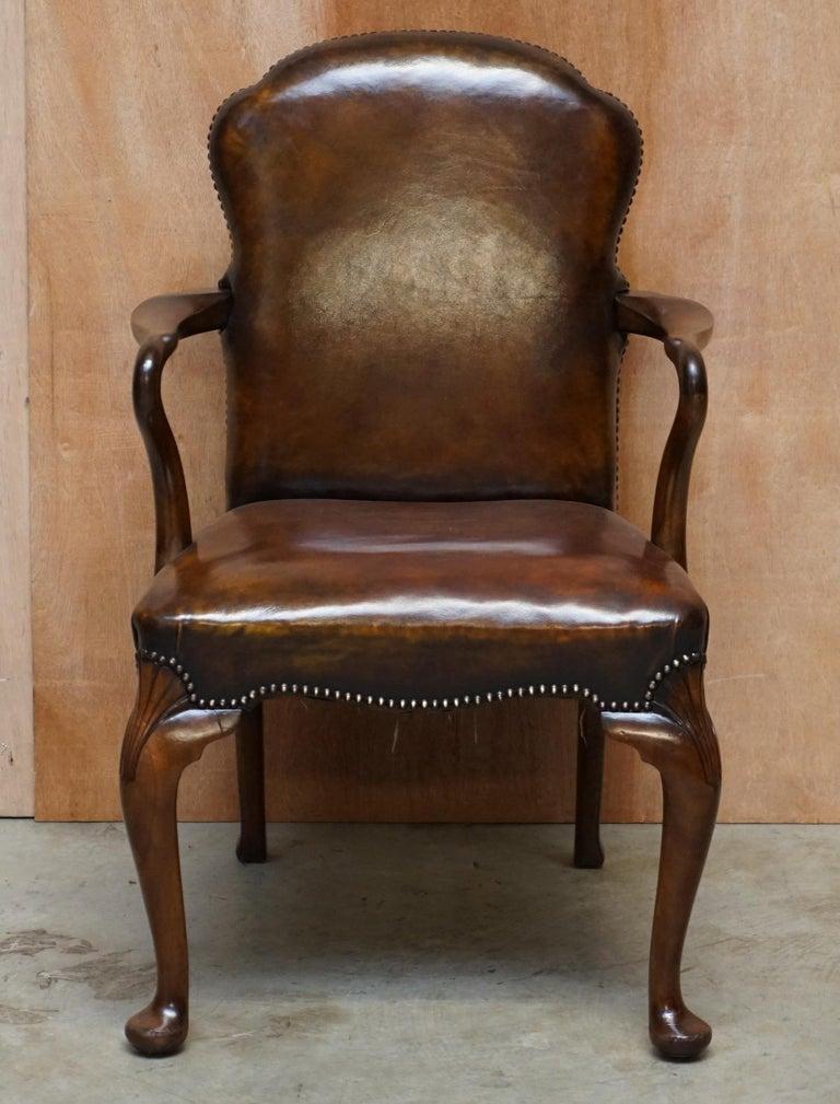 6 Victorian 1880 Walnut Shepherds Crook Hand Dyed Brown Leather Dining Chairs 4