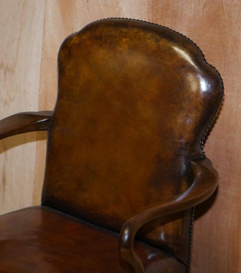 6 Victorian 1880 Walnut Shepherds Crook Hand Dyed Brown Leather Dining Chairs 5