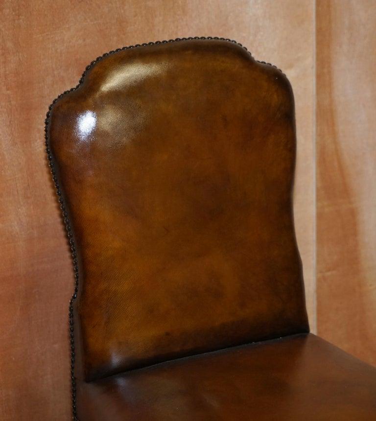 Late 19th Century 6 Victorian 1880 Walnut Shepherds Crook Hand Dyed Brown Leather Dining Chairs