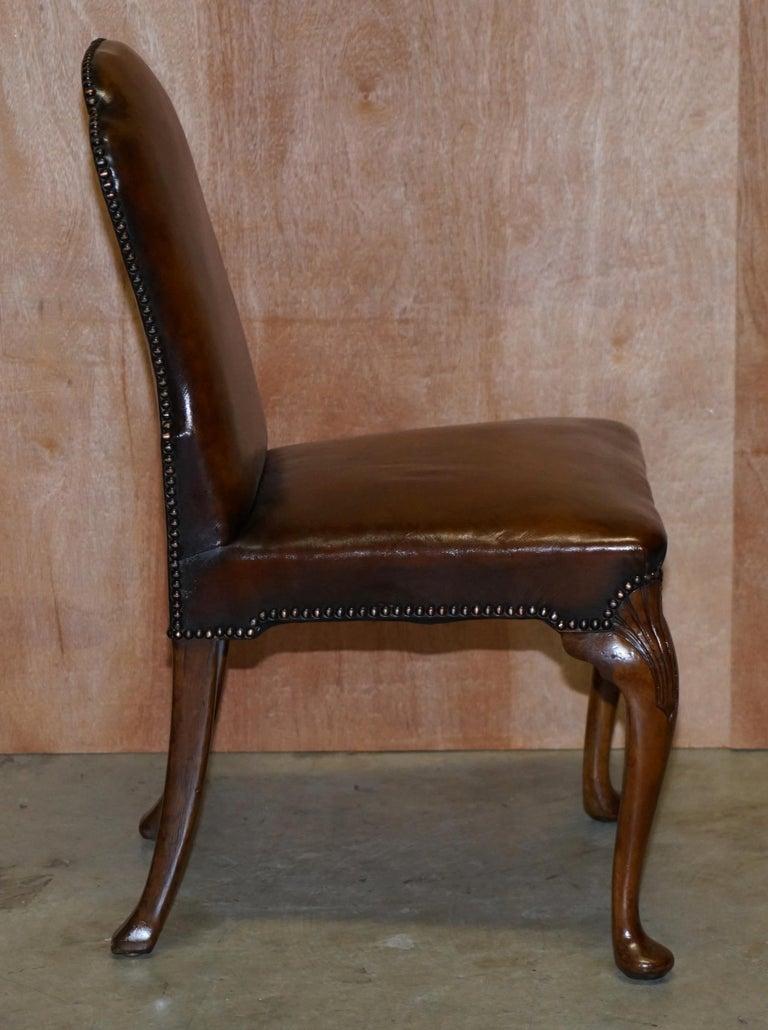 6 Victorian 1880 Walnut Shepherds Crook Hand Dyed Brown Leather Dining Chairs 1