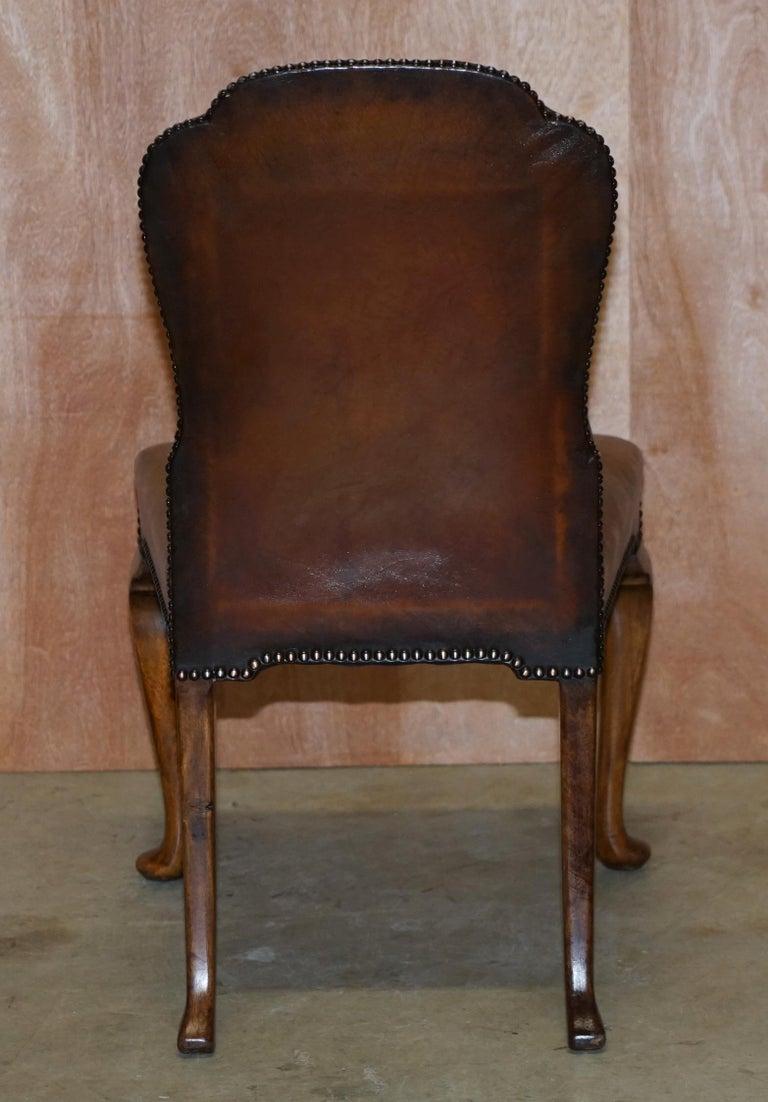 6 Victorian 1880 Walnut Shepherds Crook Hand Dyed Brown Leather Dining Chairs 2