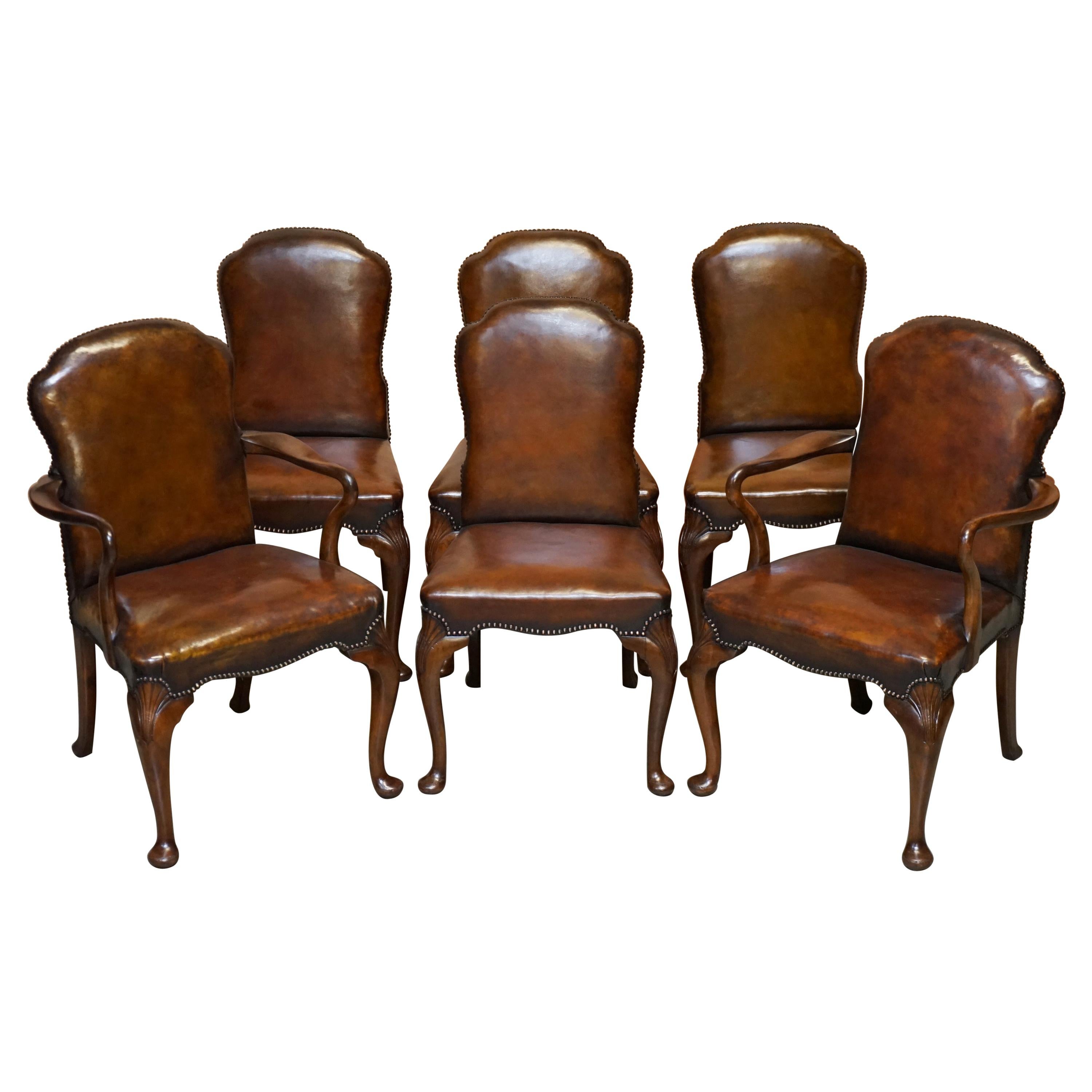 6 Victorian 1880 Walnut Shepherds Crook Hand Dyed Brown Leather Dining Chairs