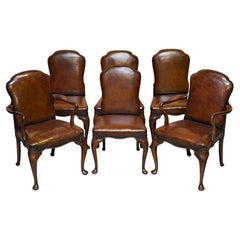 6 Victorian 1880 Walnut Shepherds Crook Hand Dyed Brown Leather Dining Chairs