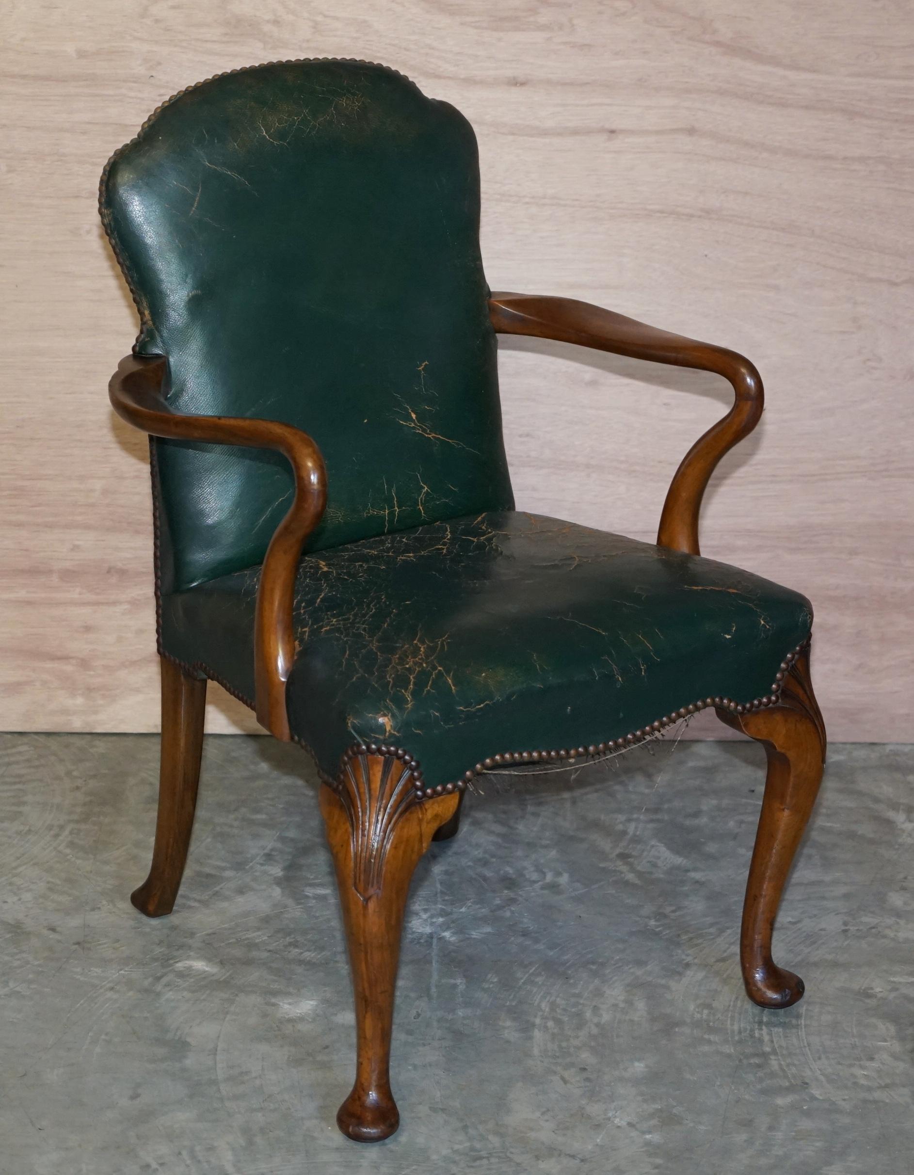 6 Victorian Walnut Green Period Leather Upholstery Shepherds Crook Dining Chairs 7