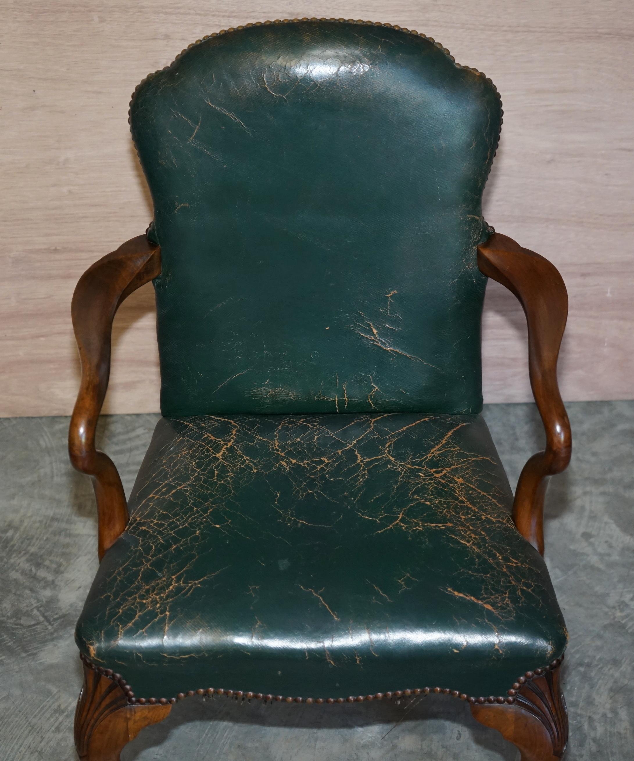 6 Victorian Walnut Green Period Leather Upholstery Shepherds Crook Dining Chairs 8