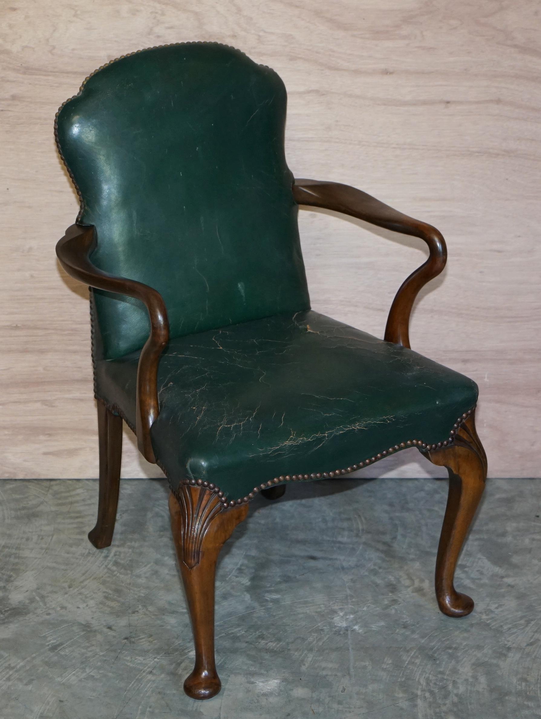 6 Victorian Walnut Green Period Leather Upholstery Shepherds Crook Dining Chairs 9