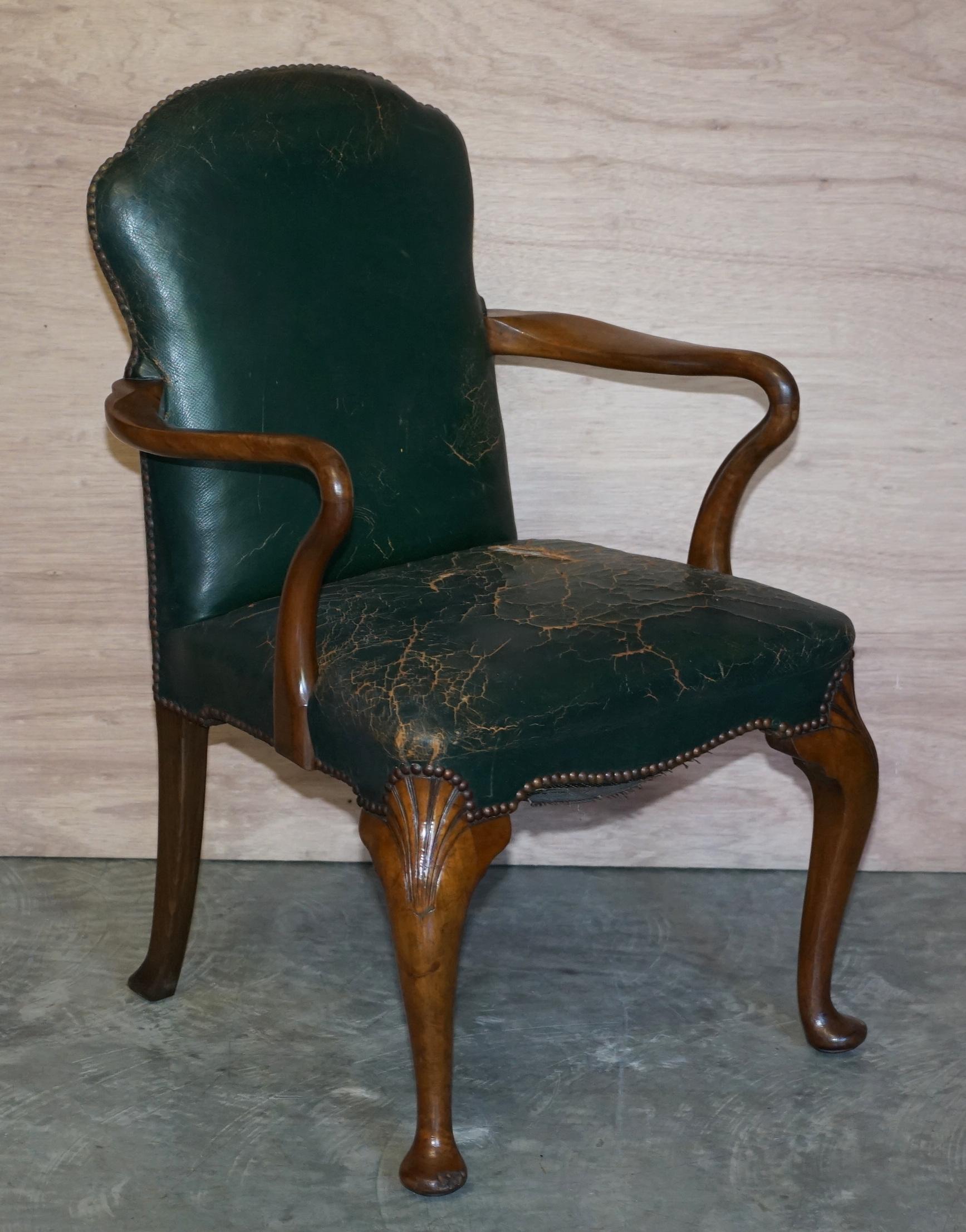 6 Victorian Walnut Green Period Leather Upholstery Shepherds Crook Dining Chairs 11