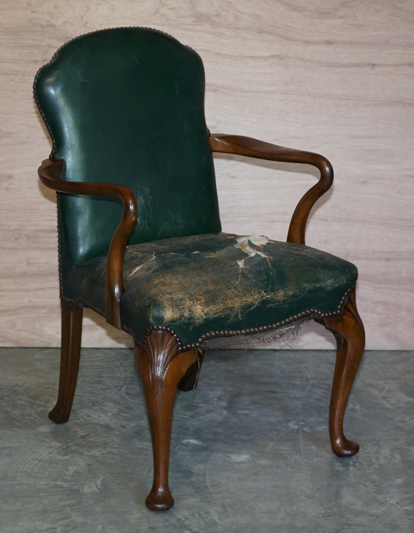 6 Victorian Walnut Green Period Leather Upholstery Shepherds Crook Dining Chairs 13