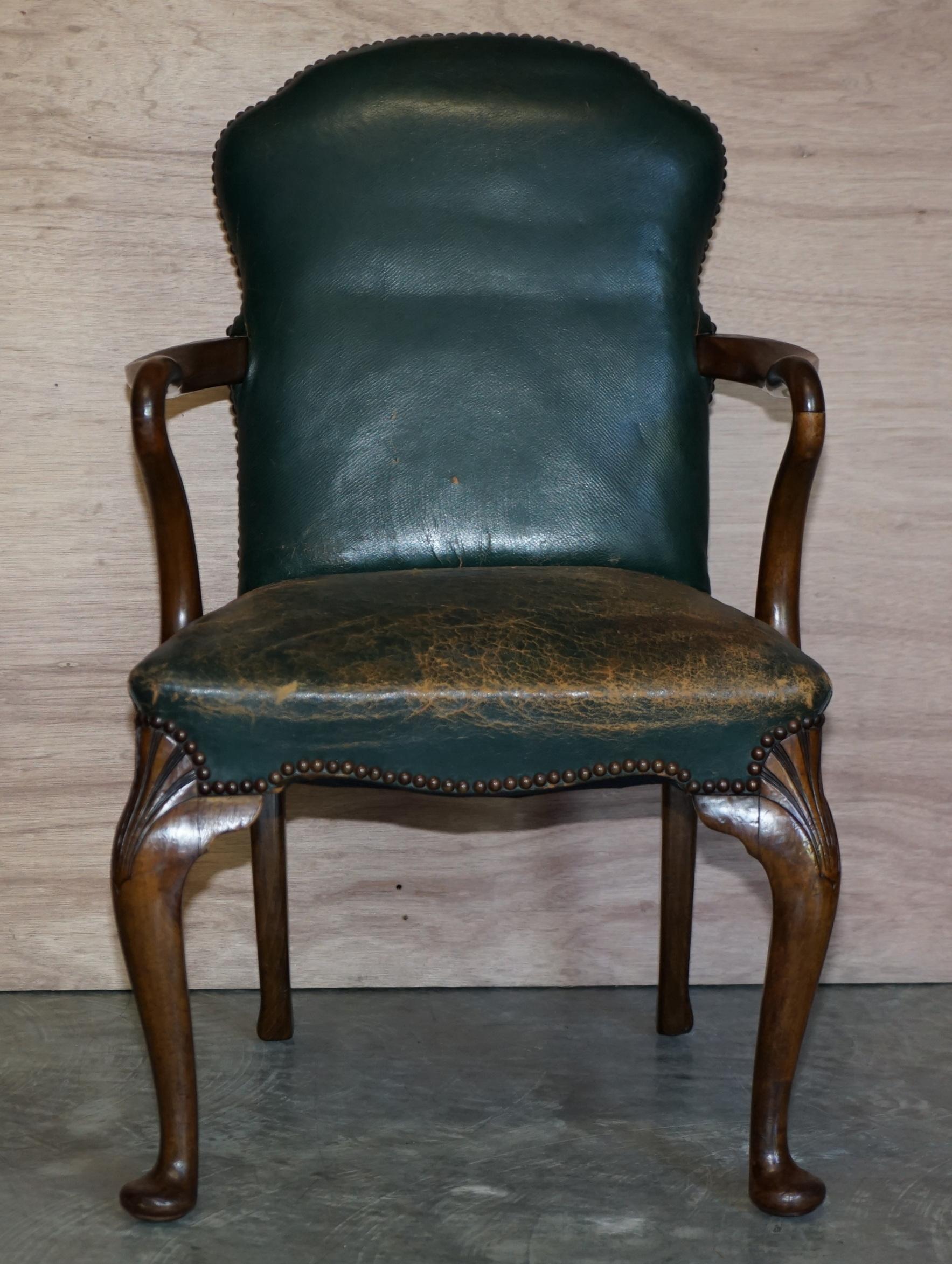 High Victorian 6 Victorian Walnut Green Period Leather Upholstery Shepherds Crook Dining Chairs