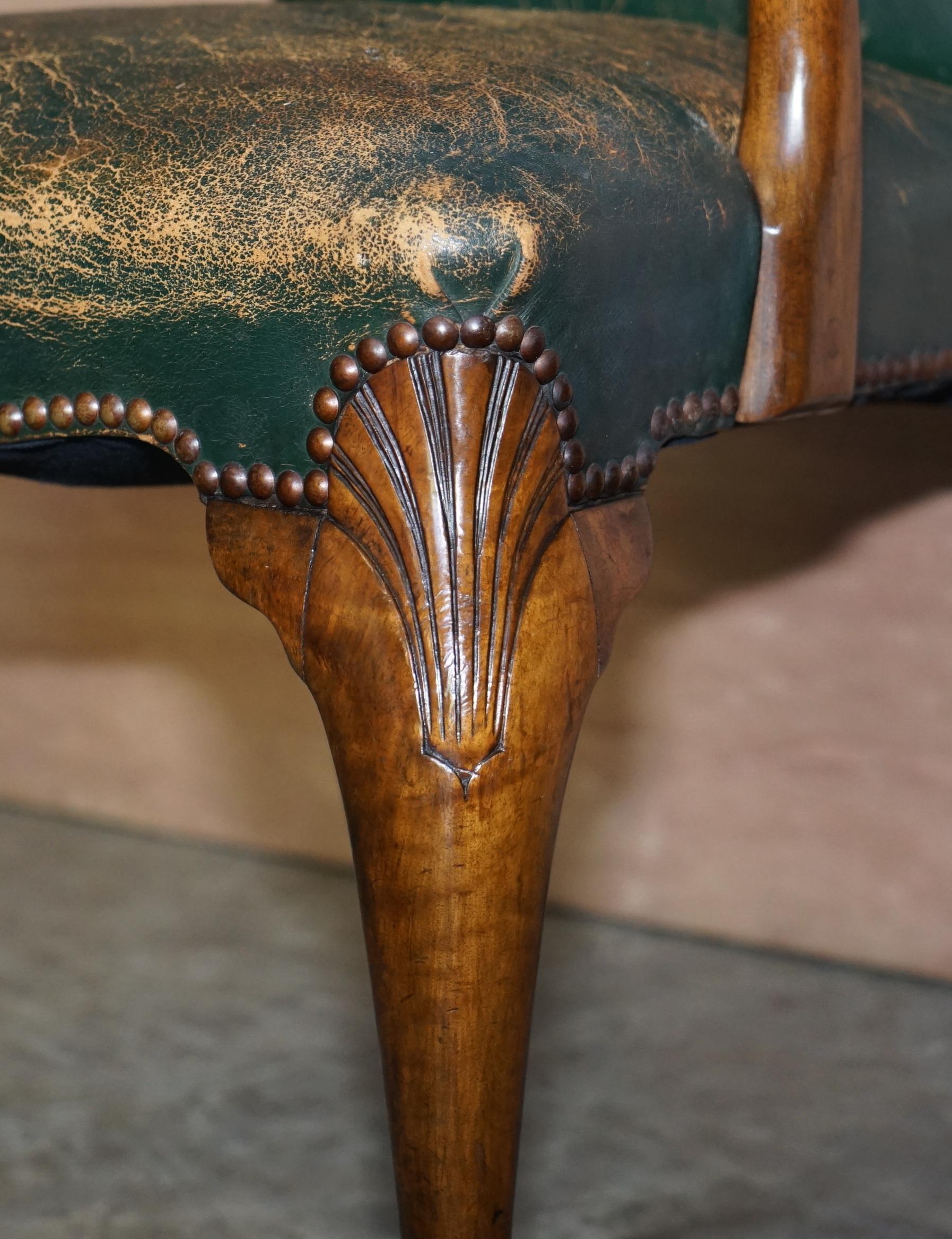 Hand-Crafted 6 Victorian Walnut Green Period Leather Upholstery Shepherds Crook Dining Chairs