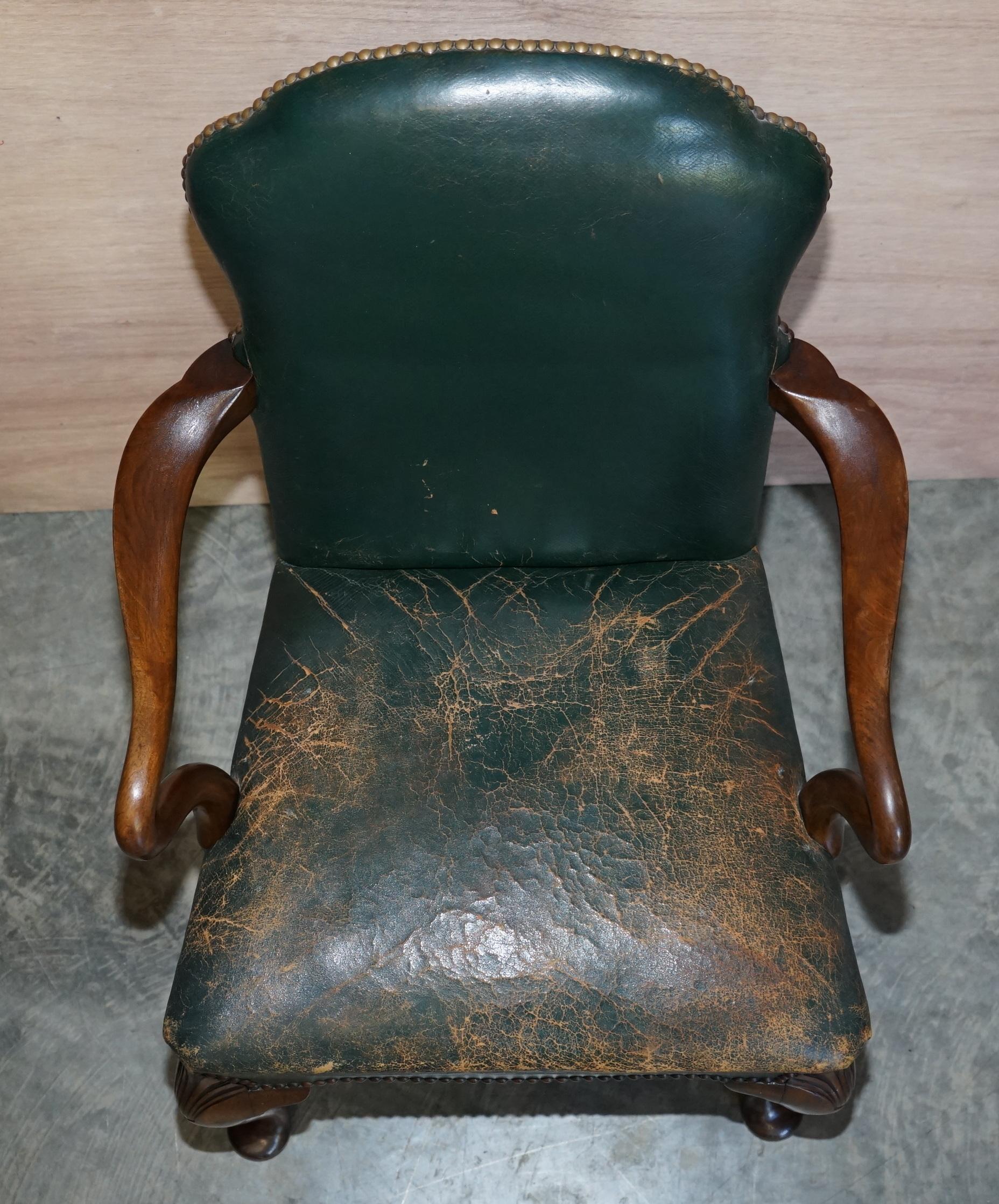 6 Victorian Walnut Green Period Leather Upholstery Shepherds Crook Dining Chairs 1